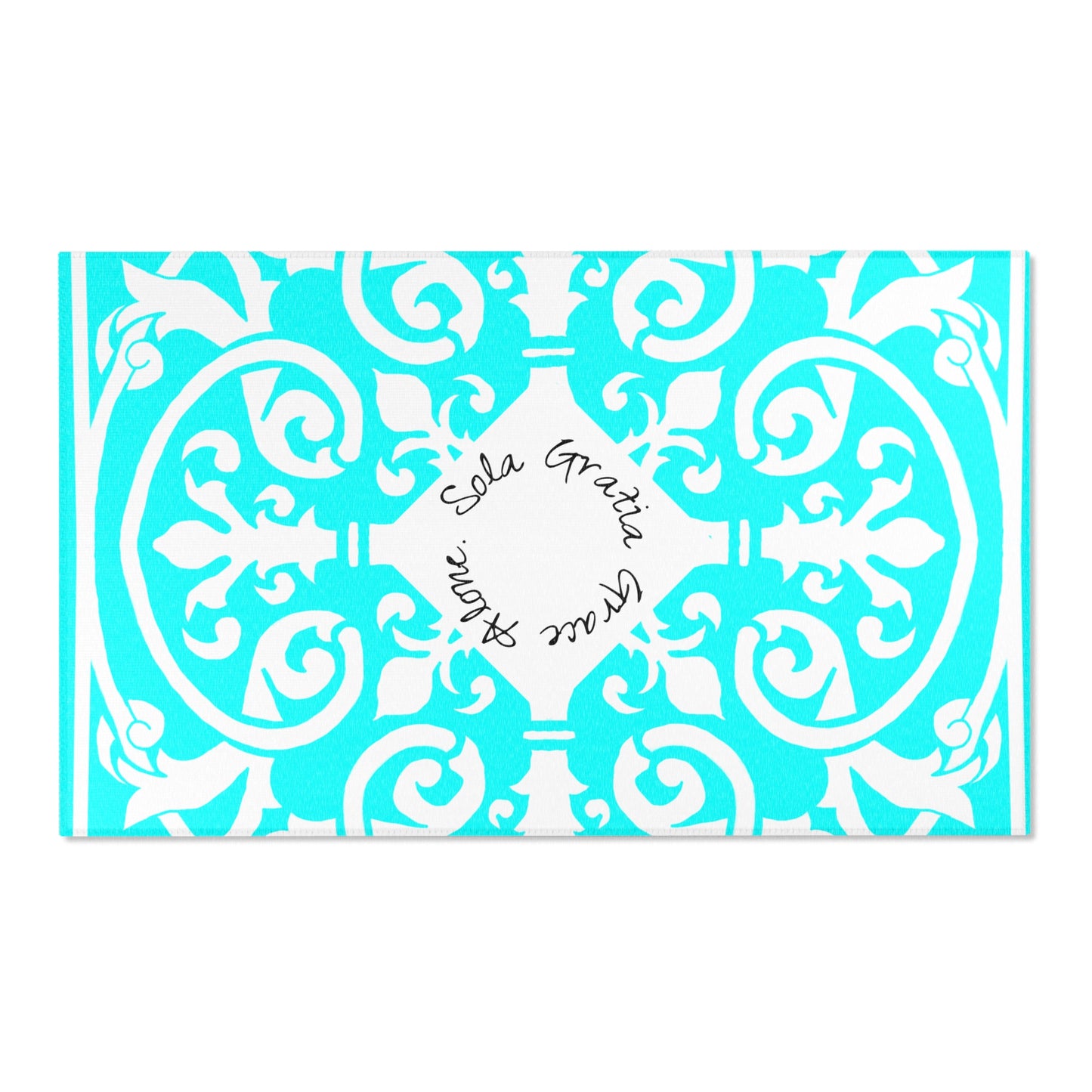 Scrollwork Indoor/Outdoor Rug Aqua "Sola Gratia..."