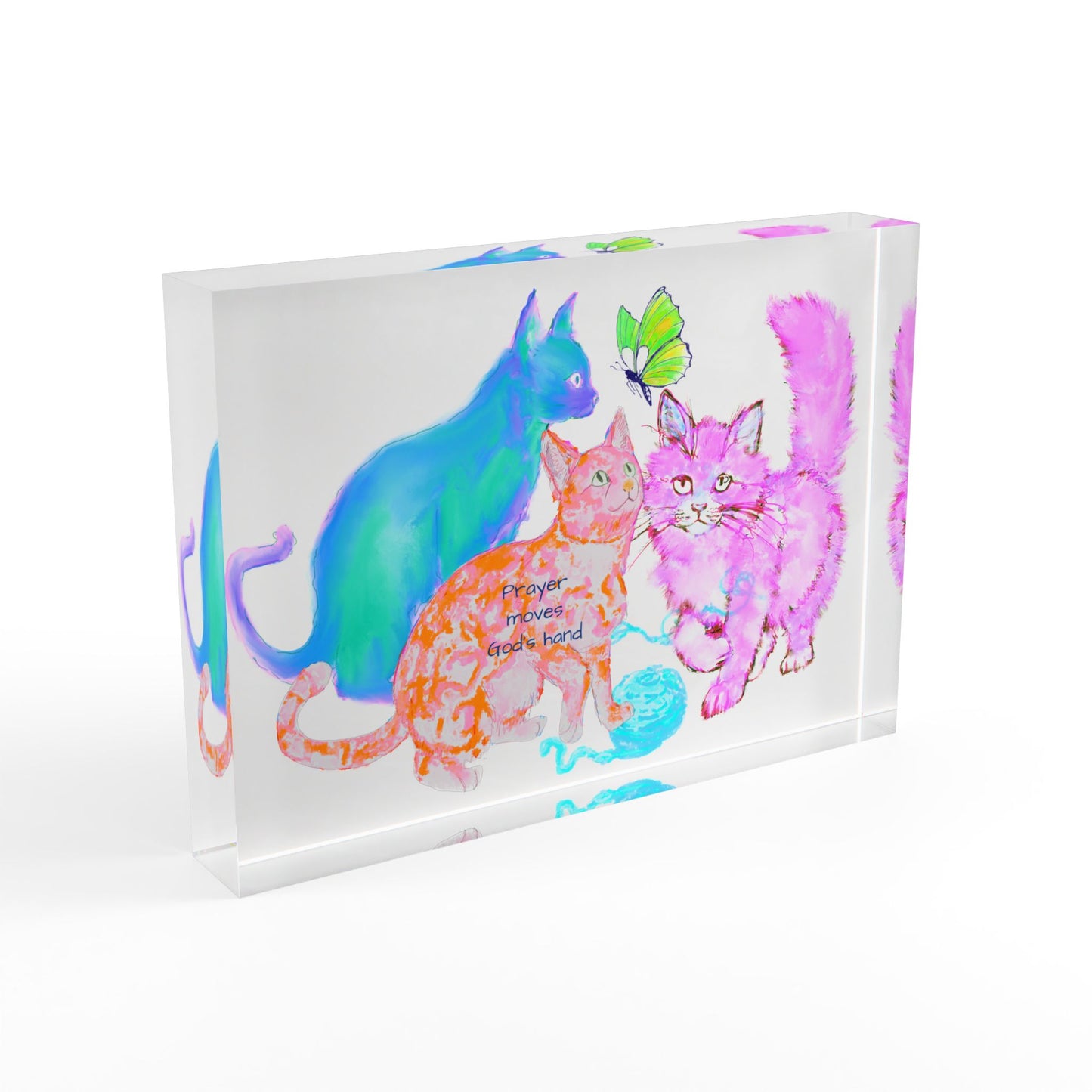 Colorful Cats & Dogs Acrylic Art Block 3 Cats  Blue, Orange ,Prayer Moves God's Hand