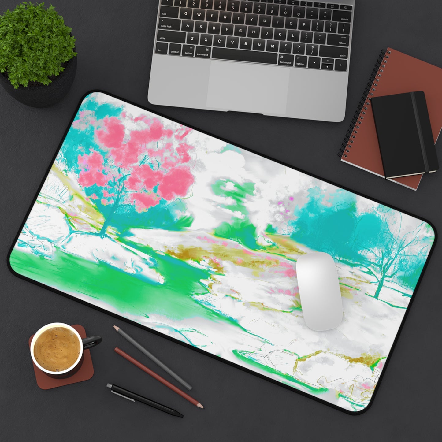 Joyful Landscapes Desk Mat, Aqua, Green, Raspberry