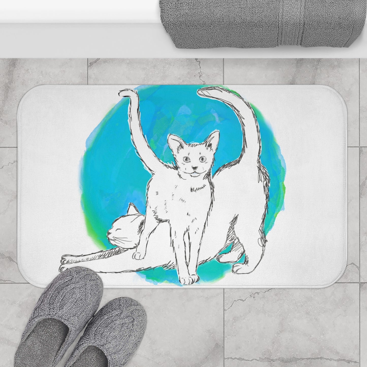 Kitty Fun Bath Mat Aqua Polka Dots
