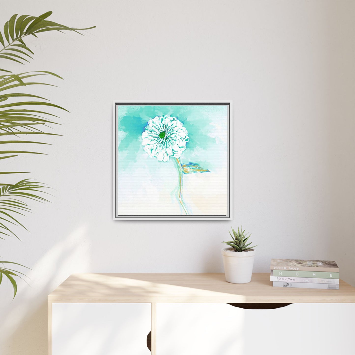 Zinnia Color Splash Matte Canvas Green Aqua Framed