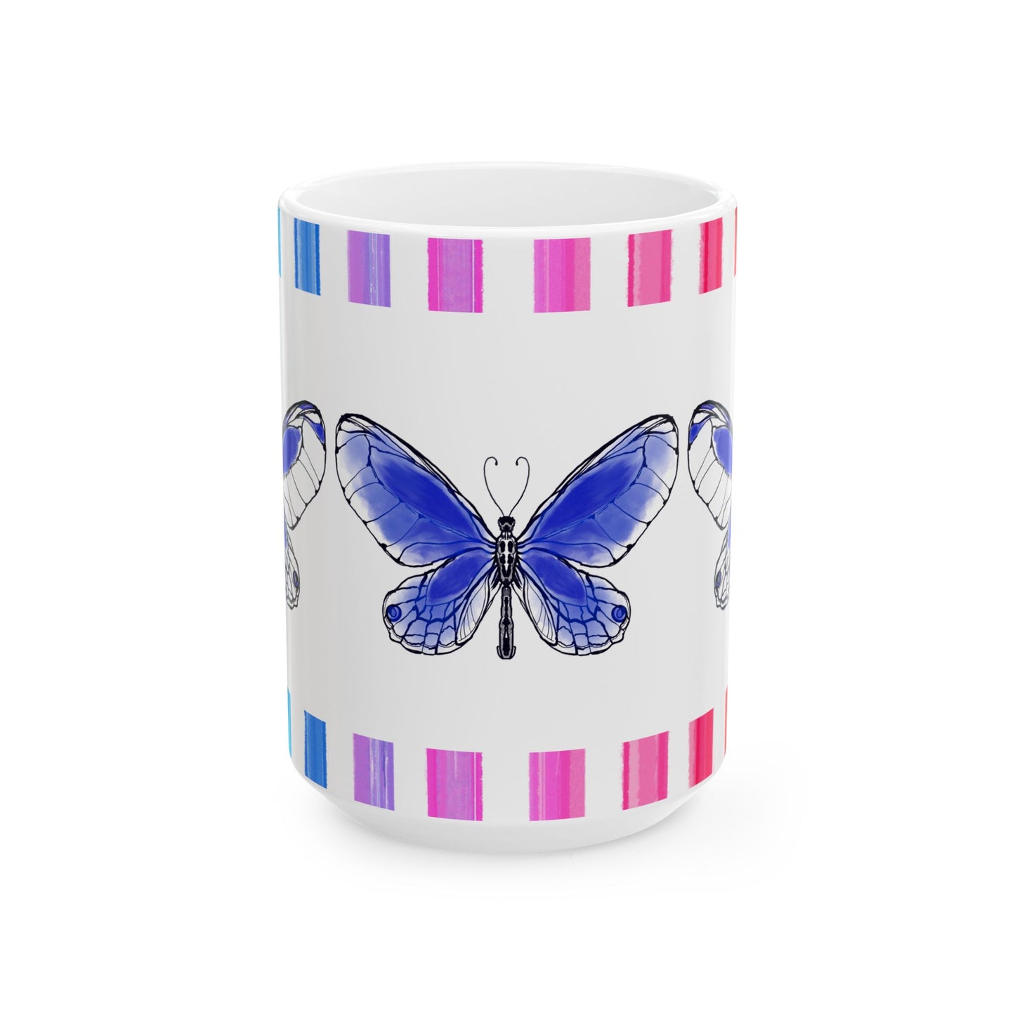 Butterfly Rainbow Stripe Ceramic Mug in Royal Blue with Multi-color Striped Border, (Available in 2 sizes 11oz and 15oz)