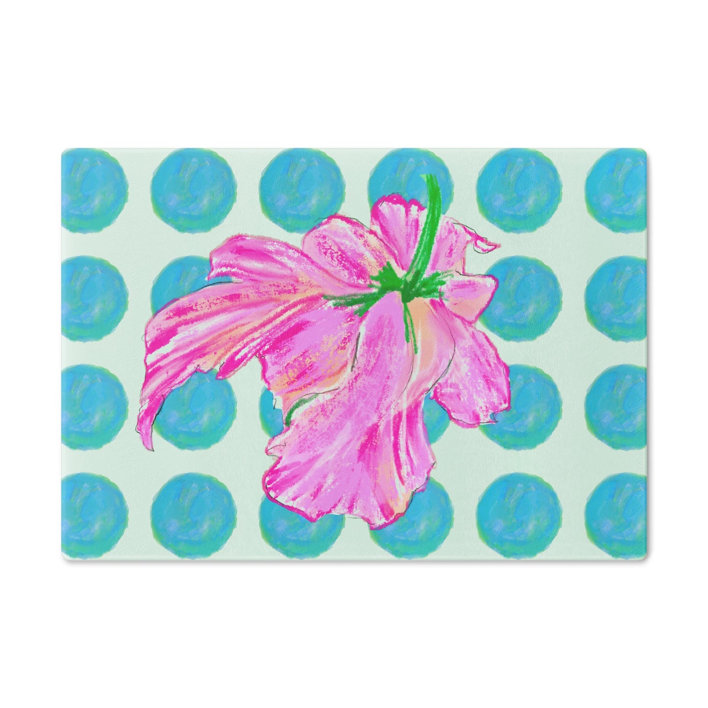 Dancing Tulips Cutting Board, Aqua Polka Dots