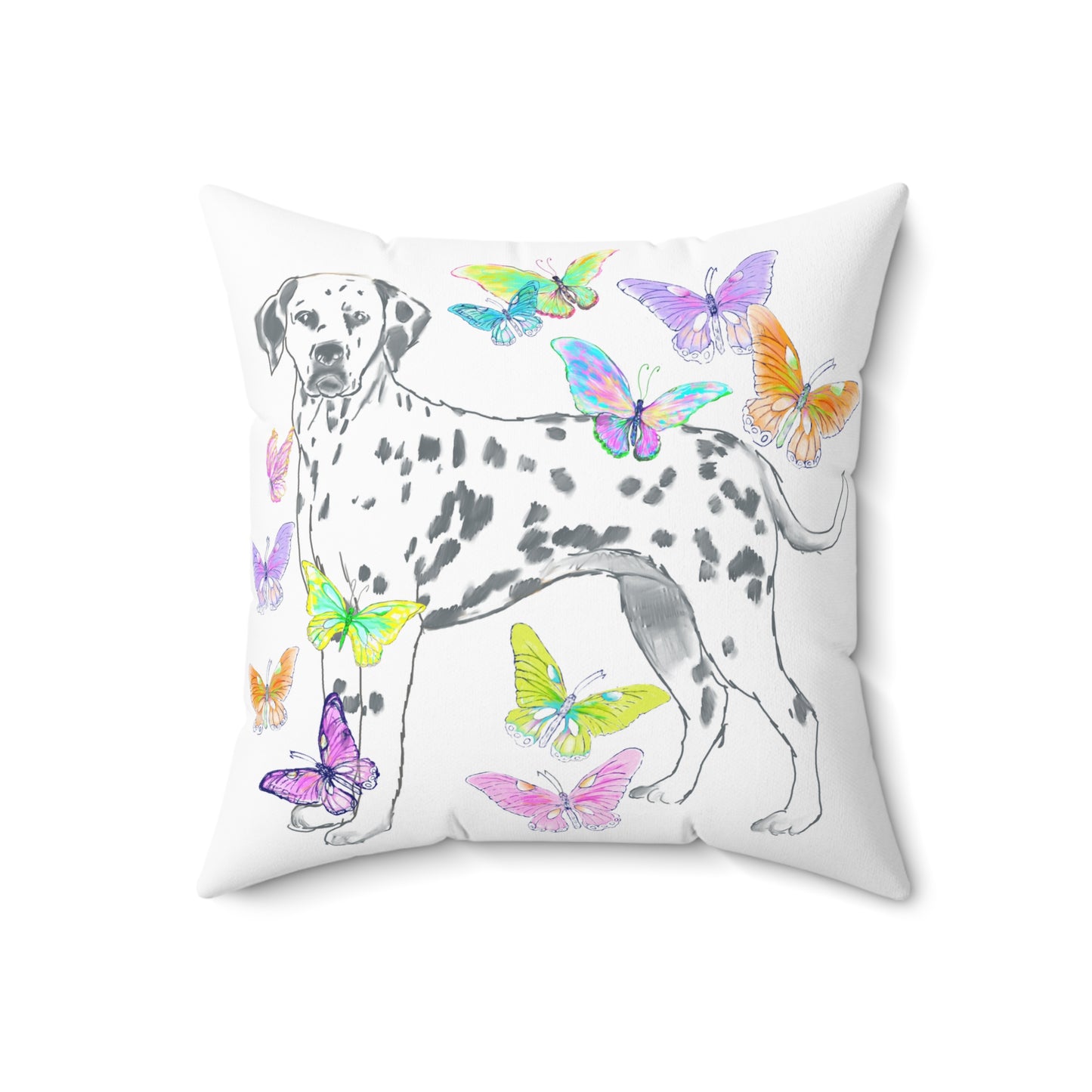 Dogi Butterfly Flutter Spun Polyester Square Pillow. Multi-Color Butterflies, Dalmatian