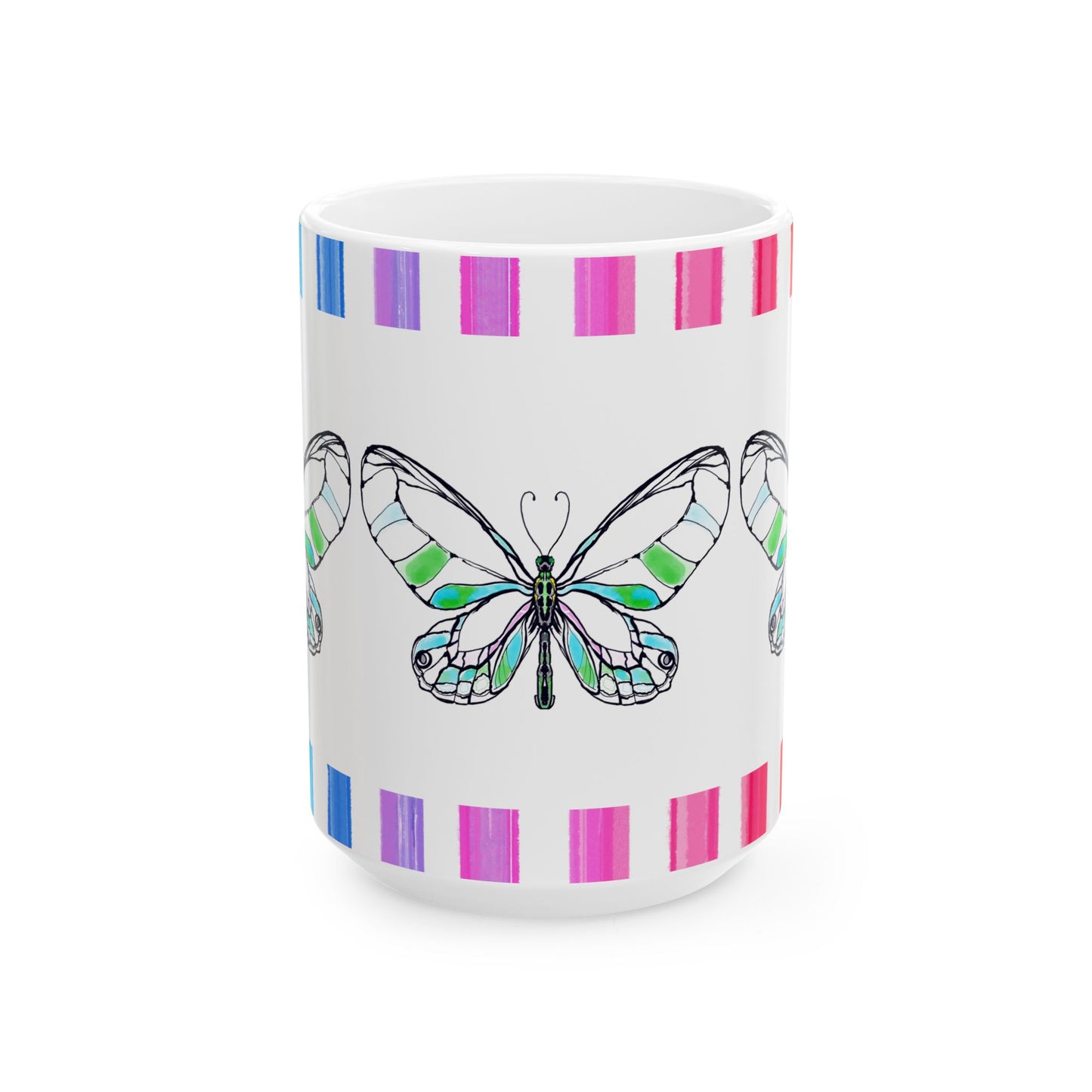 Butterfly Rainbow Stripe Ceramic Mug in Green with Multi-color Striped Border, (Available in 2 sizes 11oz and 15oz)