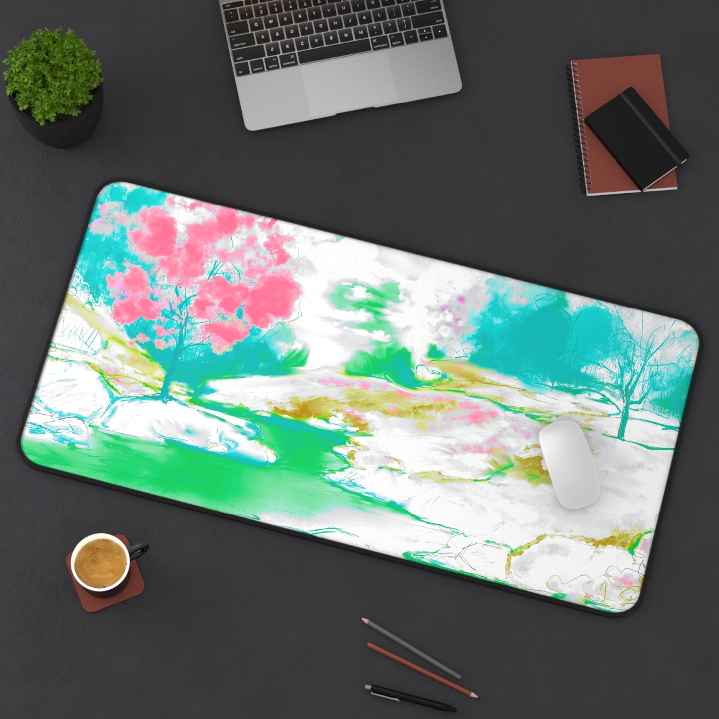 Joyful Landscapes Desk Mat, Aqua, Green, Raspberry