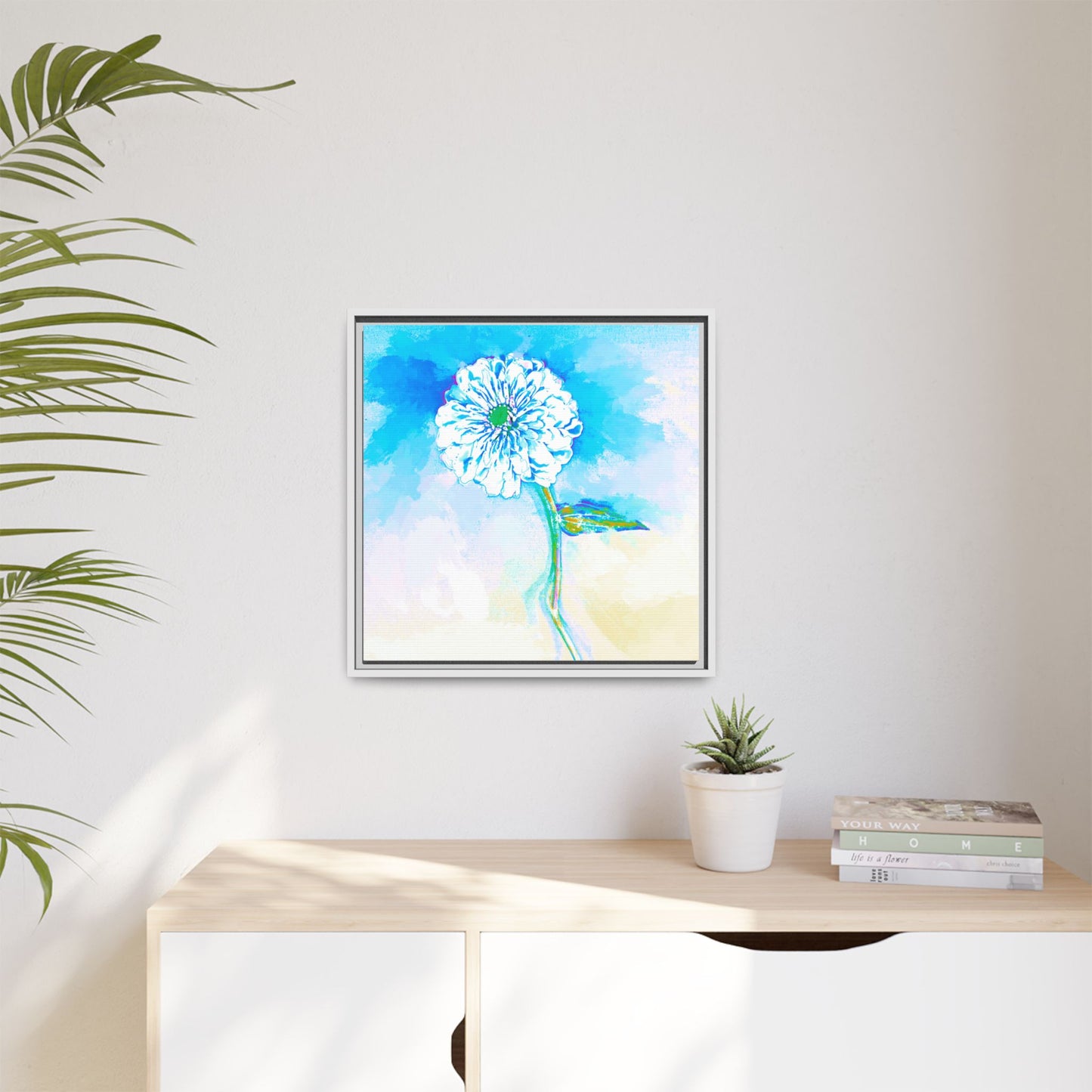 Zinnia Color Splash Matte Canvas Blue Aqua Framed