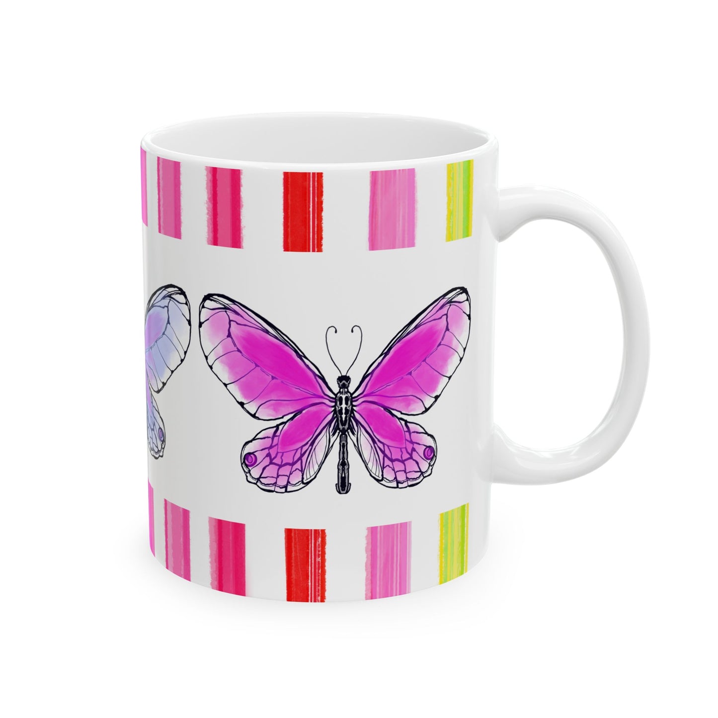 Butterfly Rainbow Stripe Ceramic Mug in Lavender, Pink, and Green with Multi-color Striped Border, (Available in 2 sizes 11oz and 15oz)