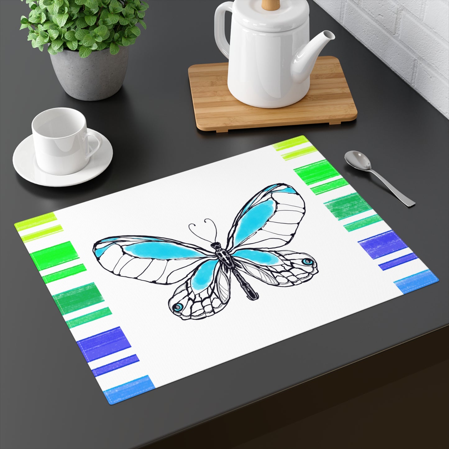 Butterfly Flutterstripe Placemat in Blue with Multi-color Stripe Border (1 pc) cotton
