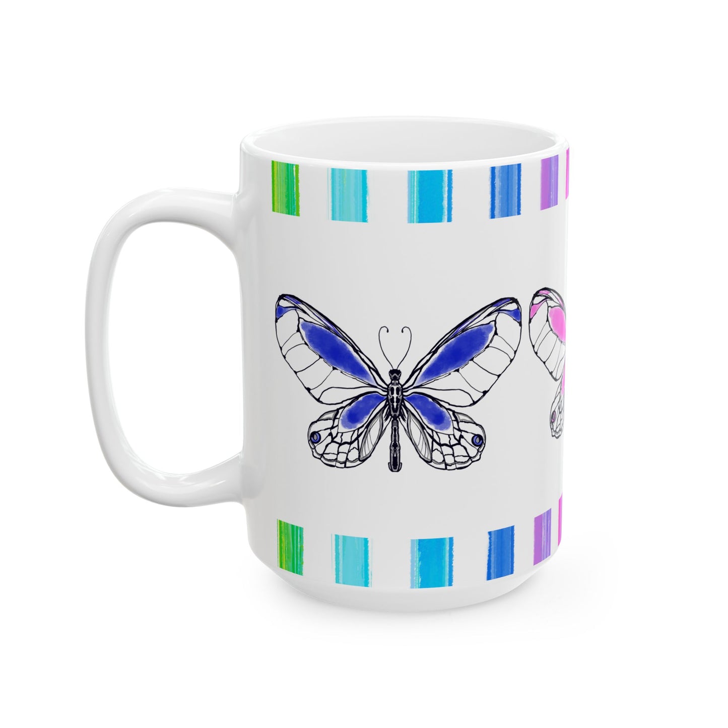 Butterfly Rainbow Stripe Ceramic Mug in Blue, Pink, and Yellow with Multi-color Striped Border, (Available in 2 sizes 11oz and 15oz)