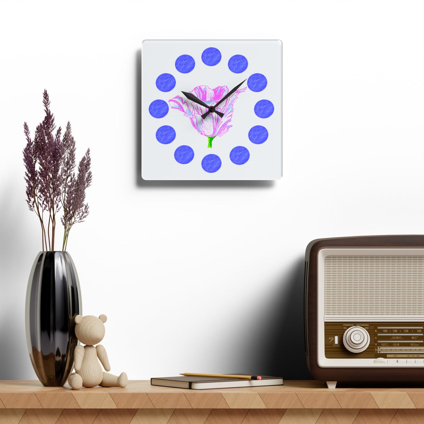 Tulip Love Acrylic Wall Clock, Blue dots Pink Tulip