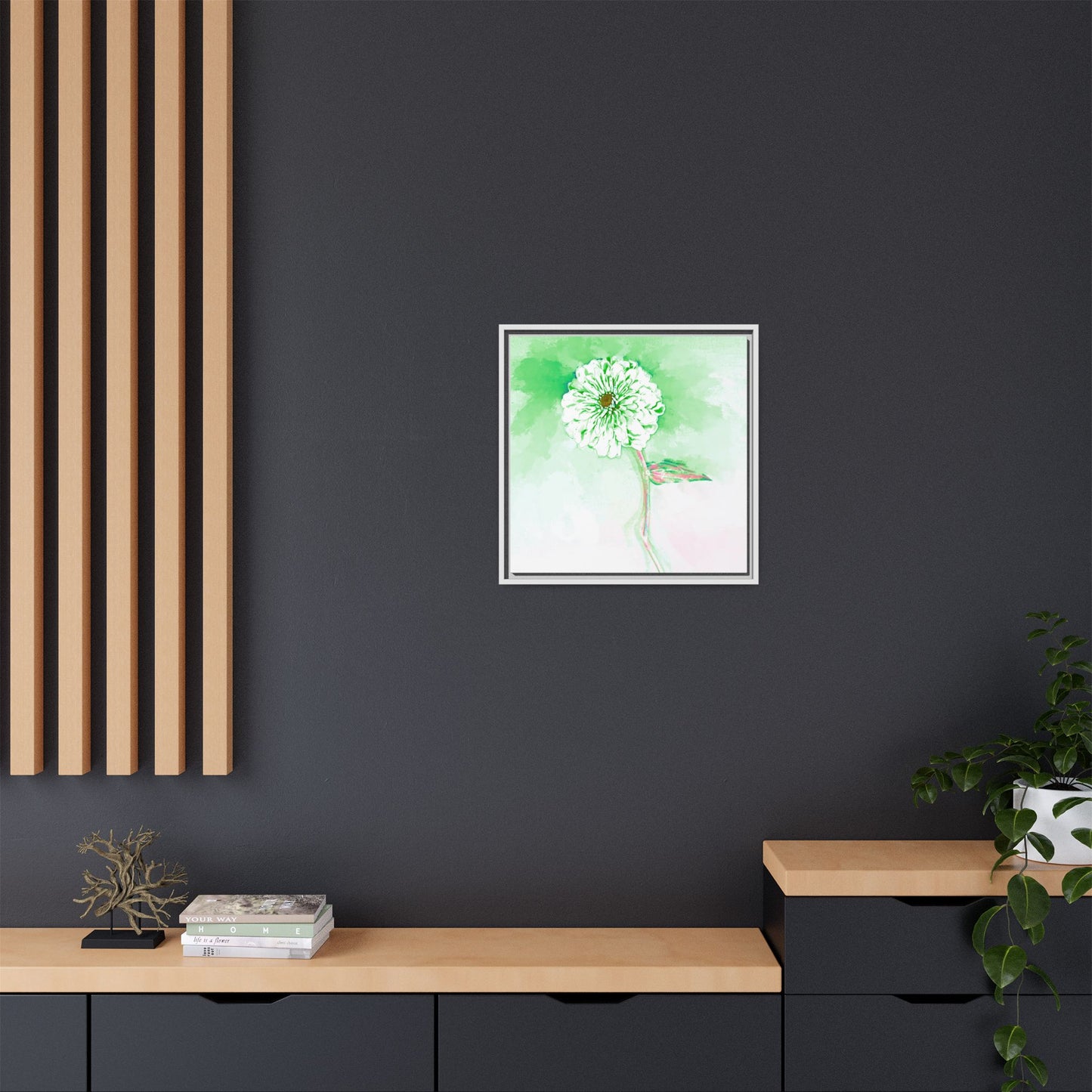 Zinnia Color Splash Matte Canvas Soft Green Framed