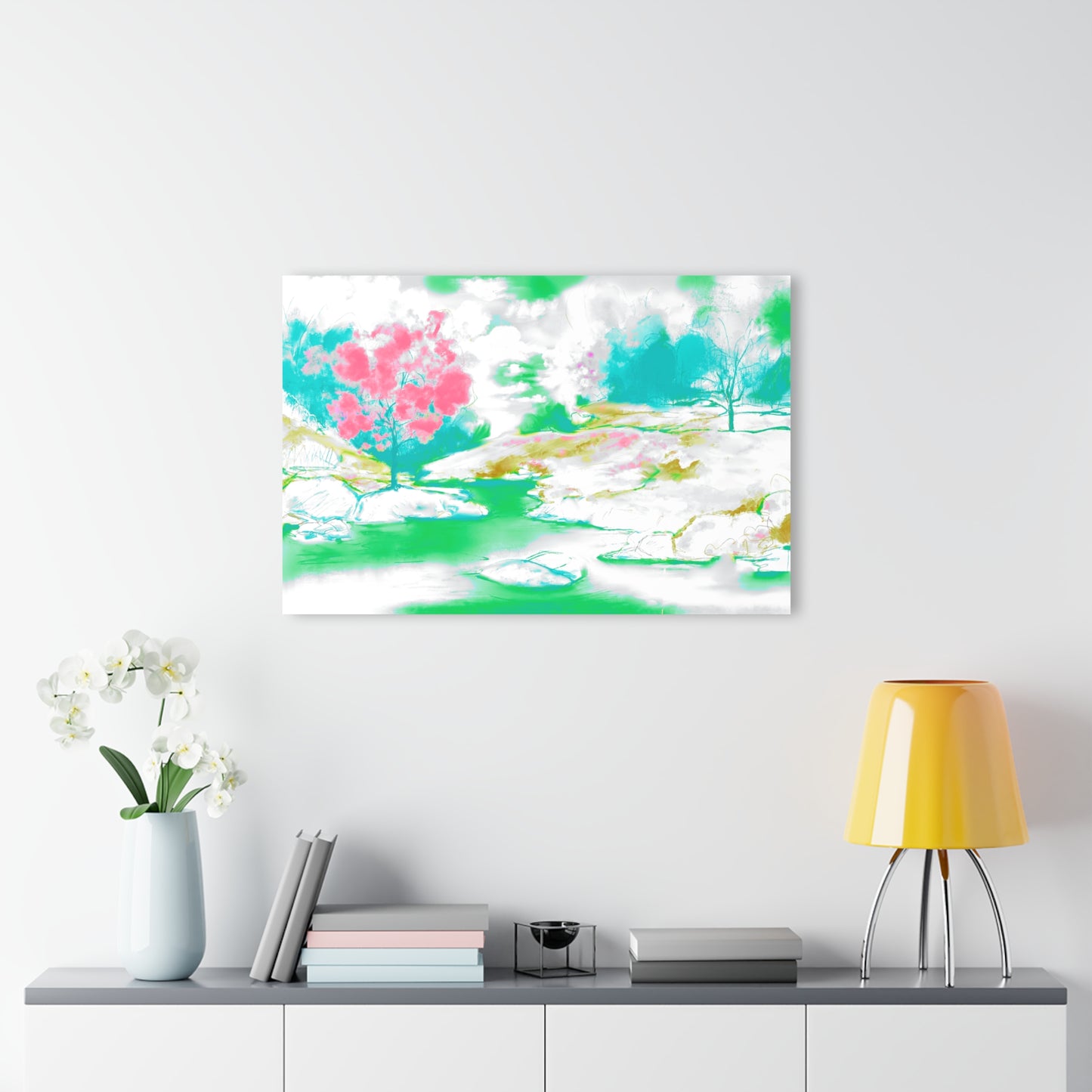 Wall Art Joyful Landscapes Acrylic Print in Pink and Green (French Cleat Hanging)