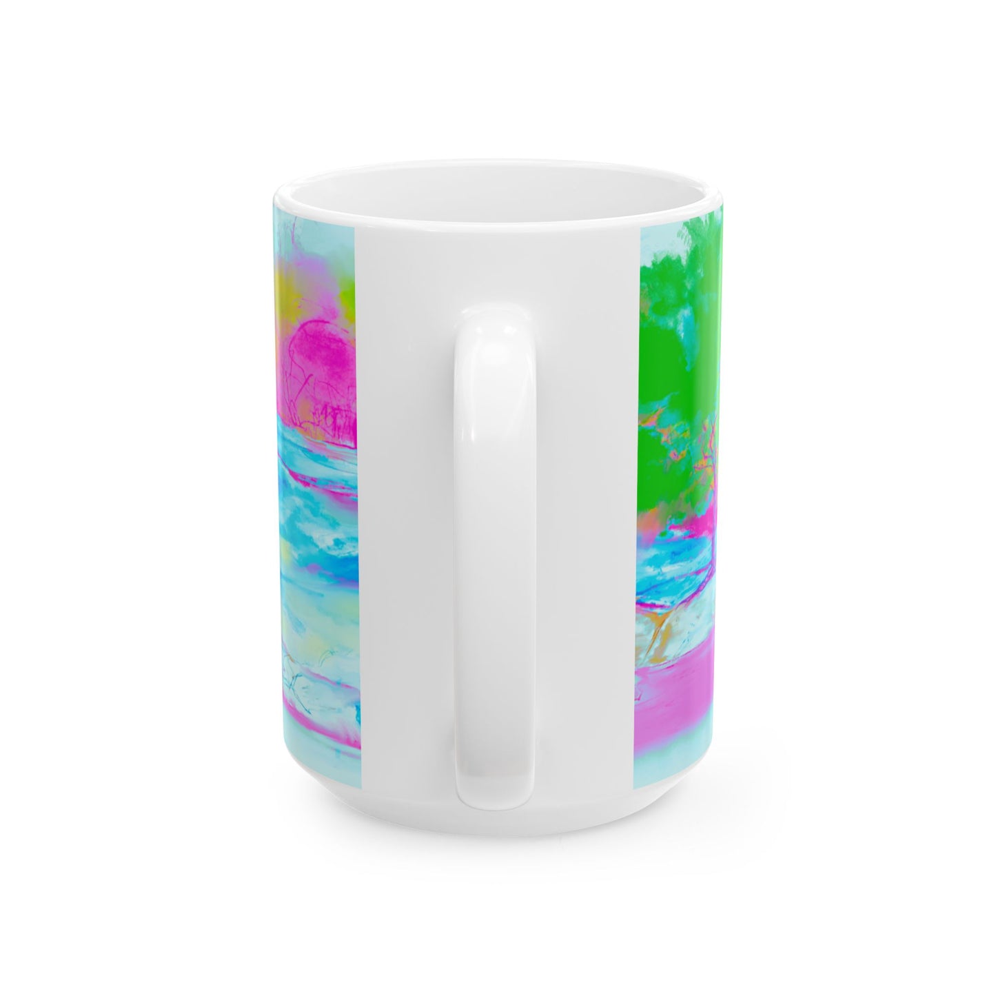 Inspirational Landscapes Ceramic Mug in Green, Blue and Pink , "Every raindrop falls into a life at God's command" 11oz