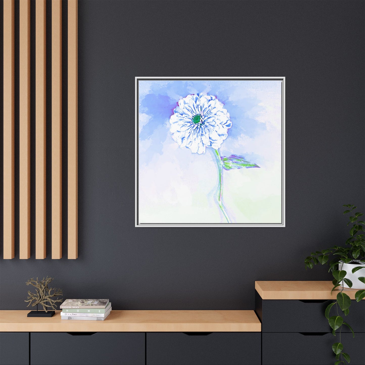 Zinnia Color Splash Matte Canvas Soft Blue Framed