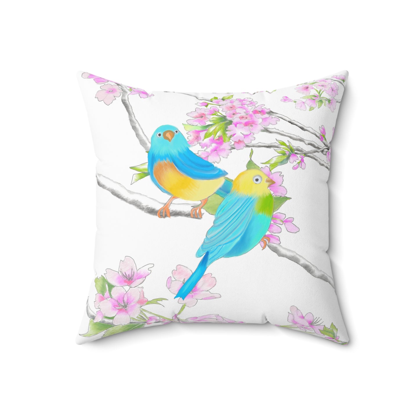 Cherry Chirp Spun Polyester Square Pillow Yellow, Blue Birds