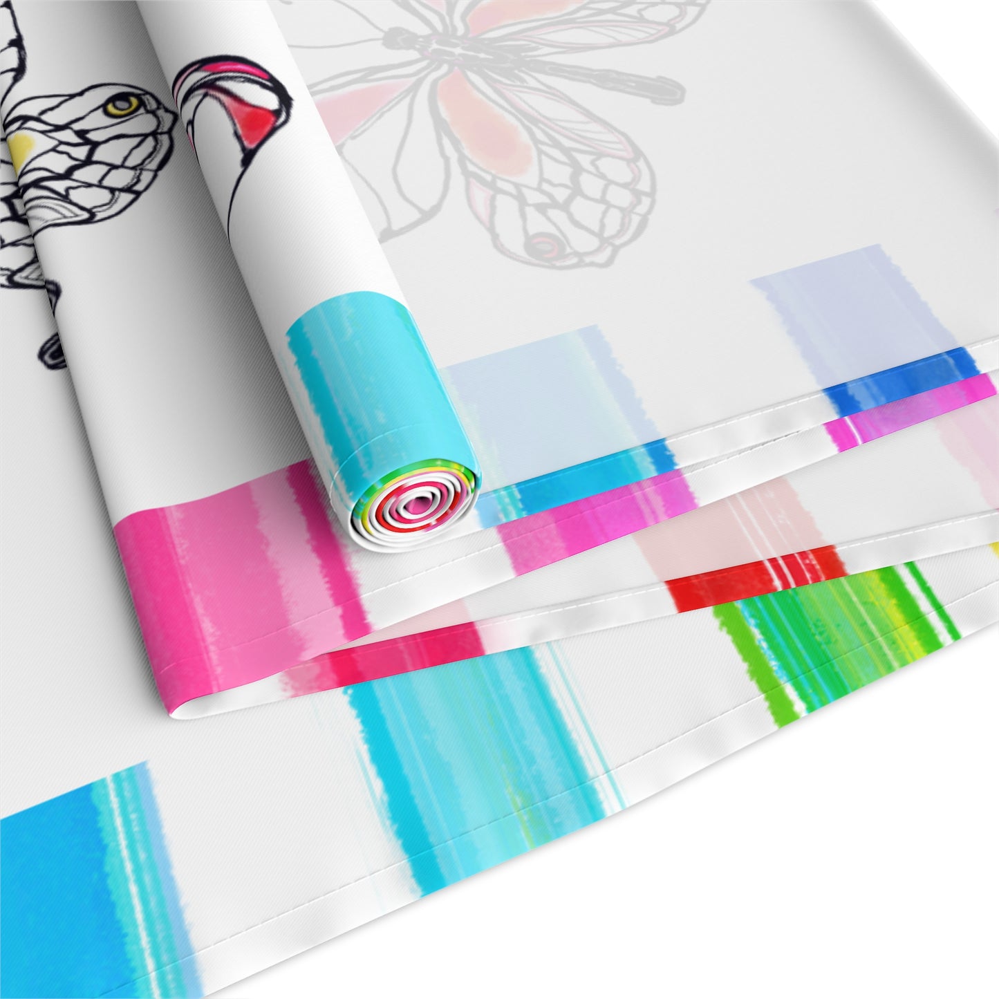 Butterfly Flutterstripe Table Runner in Multi-color with Checked Border 1 size ( 16" Γ 90") (available in Cotton " creamier" & Polyester "whiter"