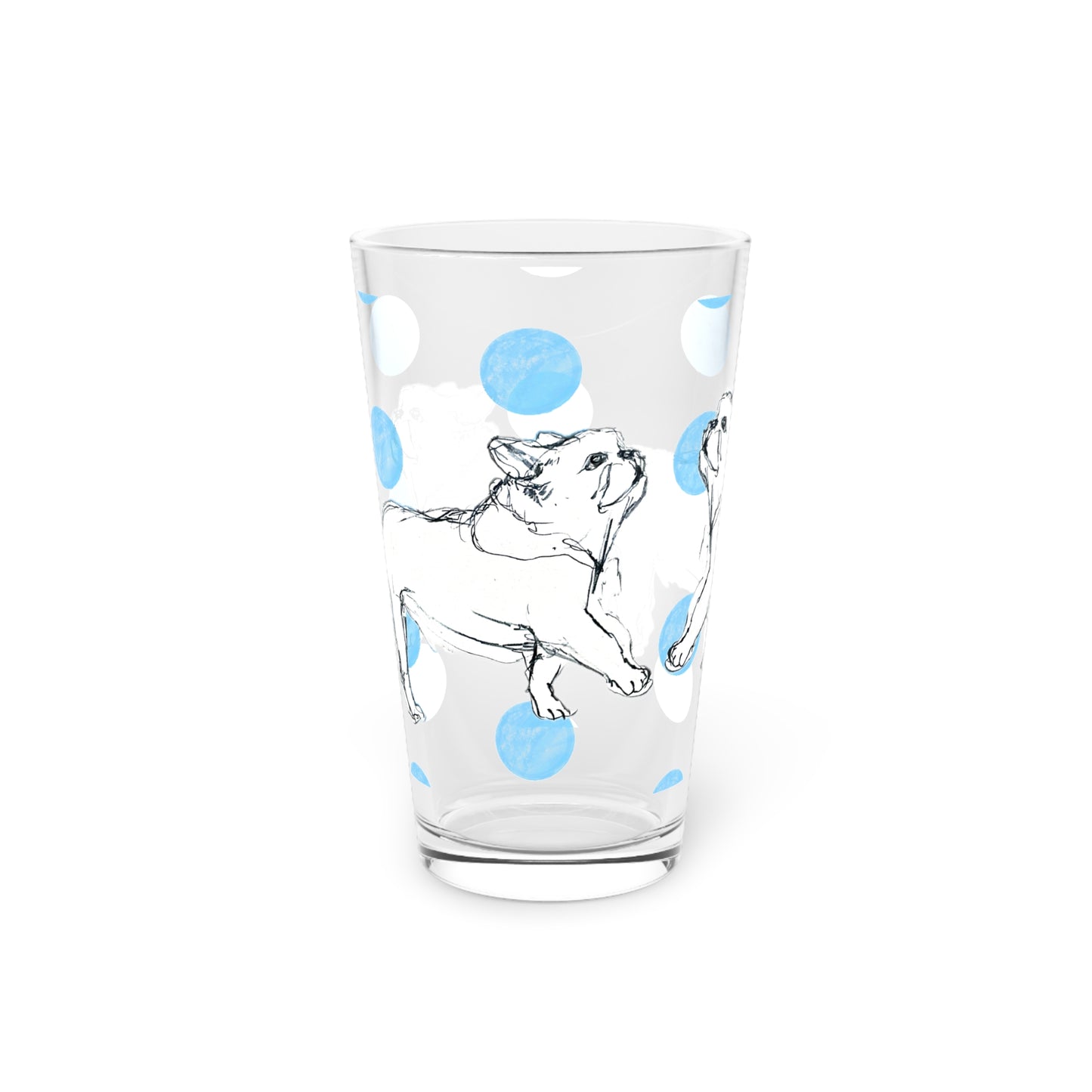 Dogi Fun and Polka Dots Pint Glass in Blue, French Bulldog, 16oz