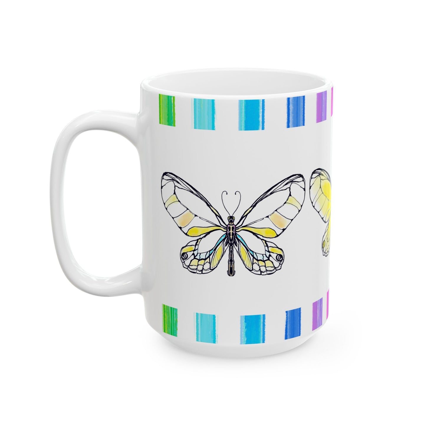 Butterfly Rainbow Stripe Ceramic Mug in Yellow with Multi-color Striped Border, (Available in 2 sizes 11oz and 15oz)