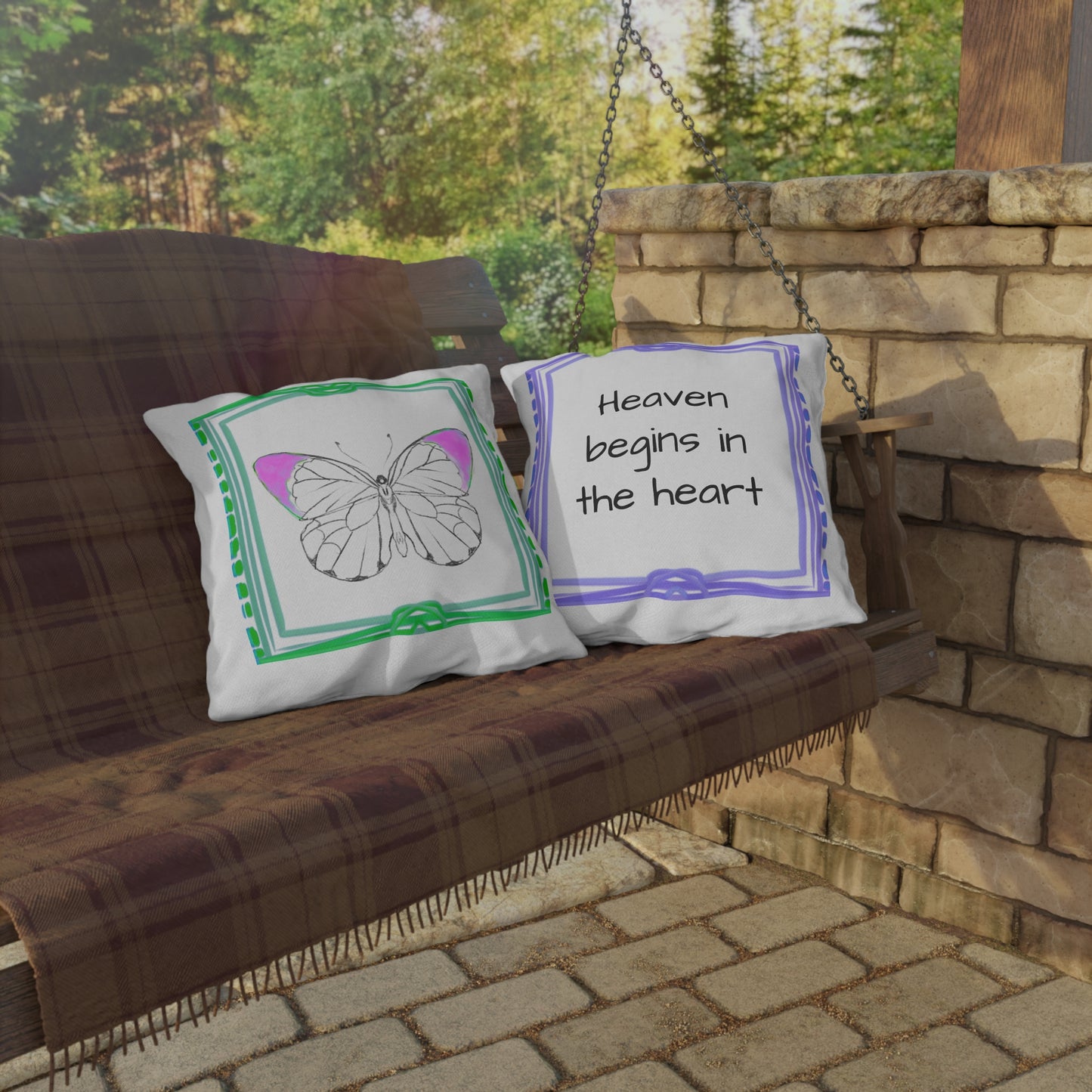 Chroma Outdoor Pillow Raspberry Green "Heaven begins in..."