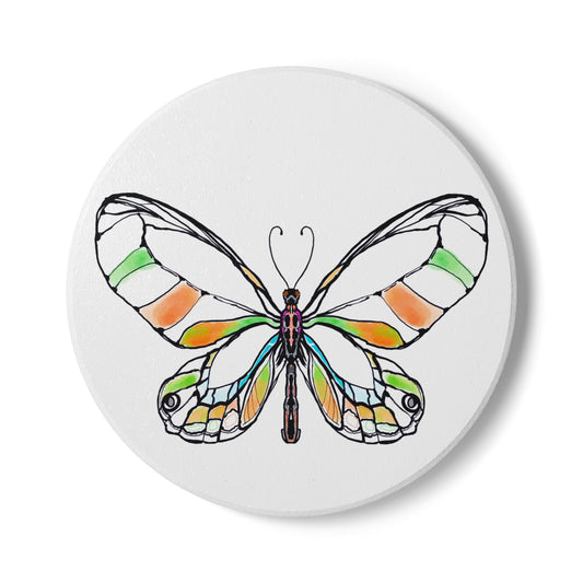 Butterfly Blossom Romp Ceramic Coaster, Multi Color, Orange and Green