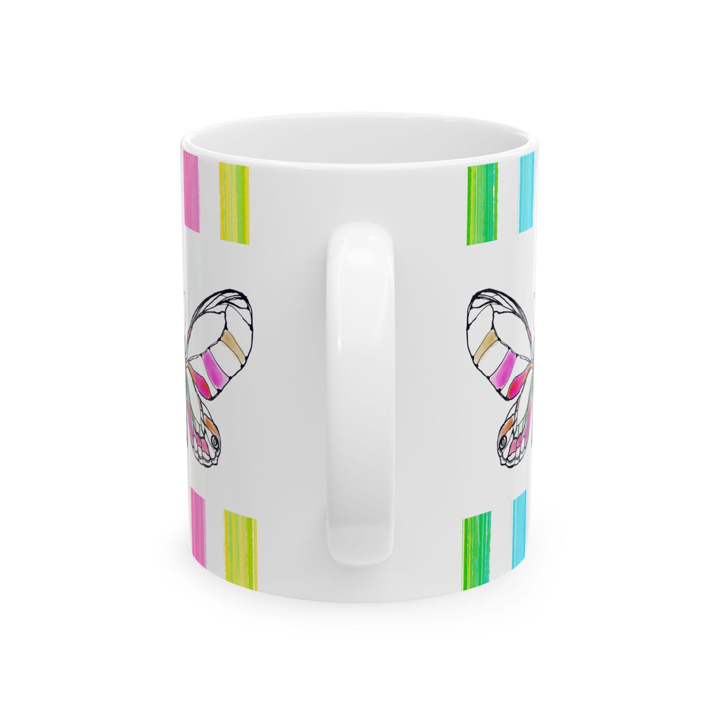 Butterfly Rainbow Stripe Ceramic Mug in Pink with Multi-color Striped Border, (Available in 2 sizes 11oz and 15oz)