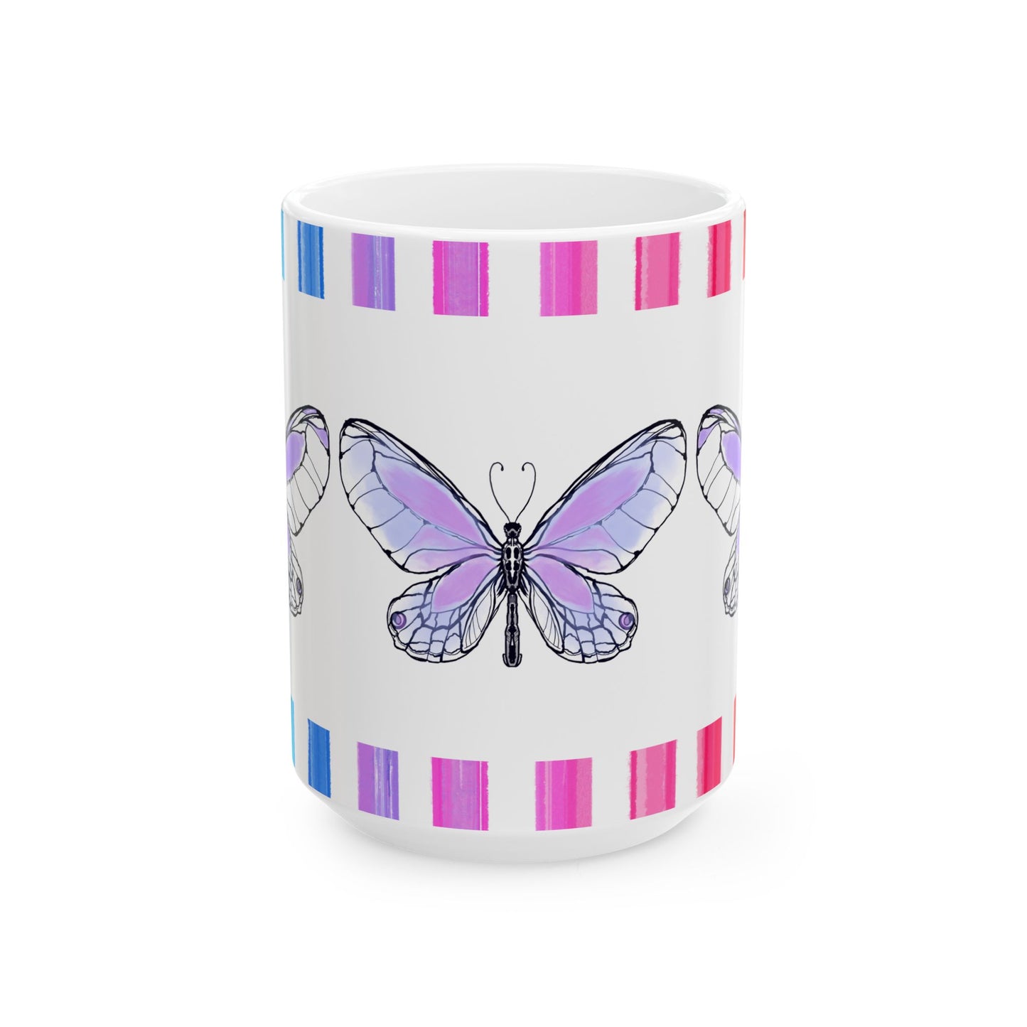 Butterfly Flutterstripe Ceramic Mug in Lavender with Multi-color Striped Border, (Available in 2 sizes 11oz and 15oz)