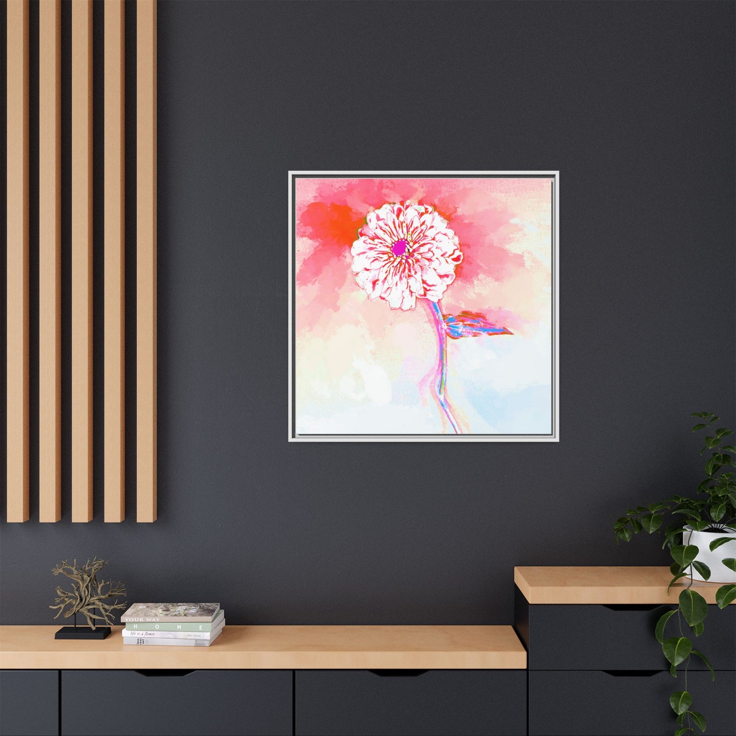 Zinnia Color Splash Matte Canvas Light Red Framed