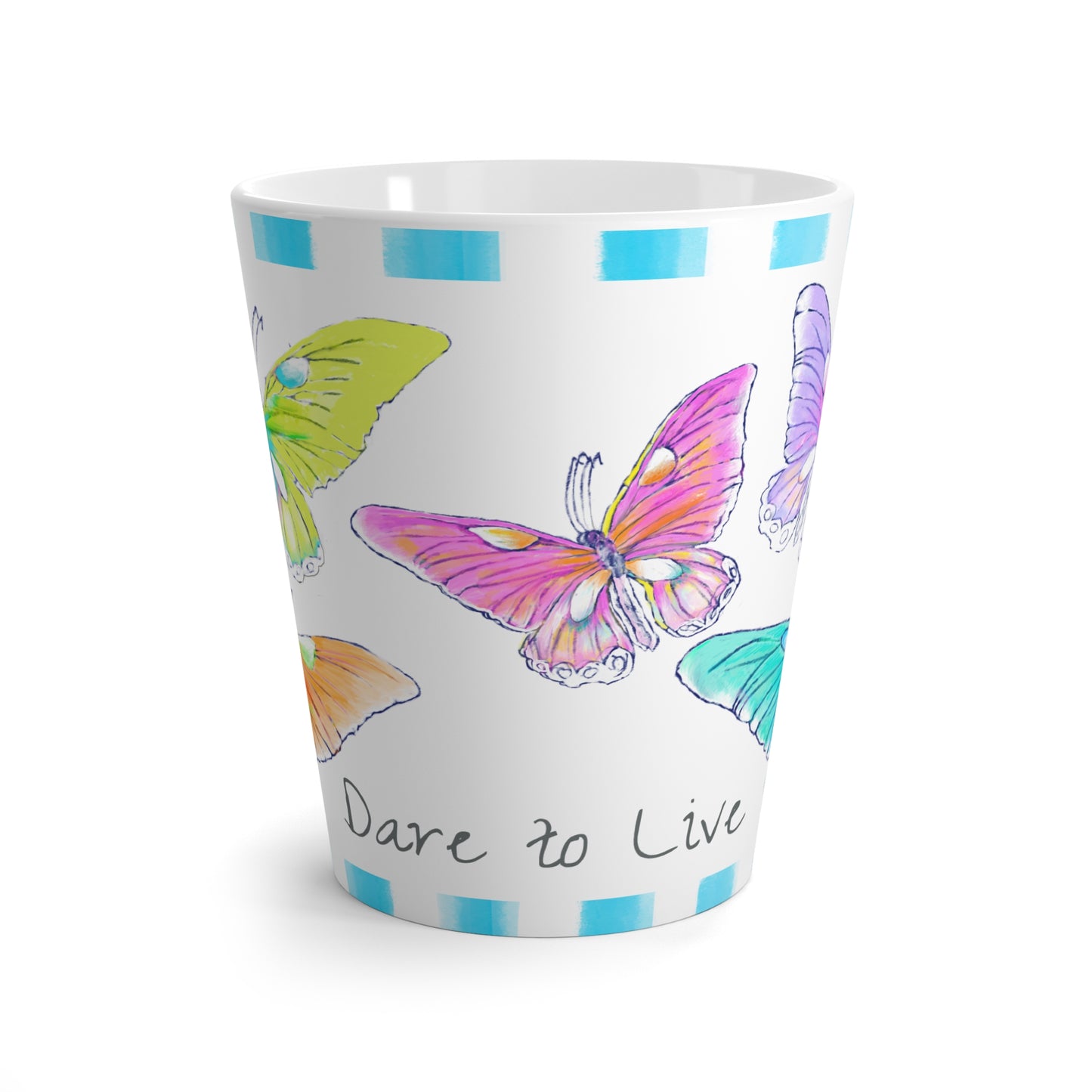 Butterfly Swing Latte Mug Aqua, Pink, Orange, Yellow Butterflies, Aqua Stripe “Dare to Live”