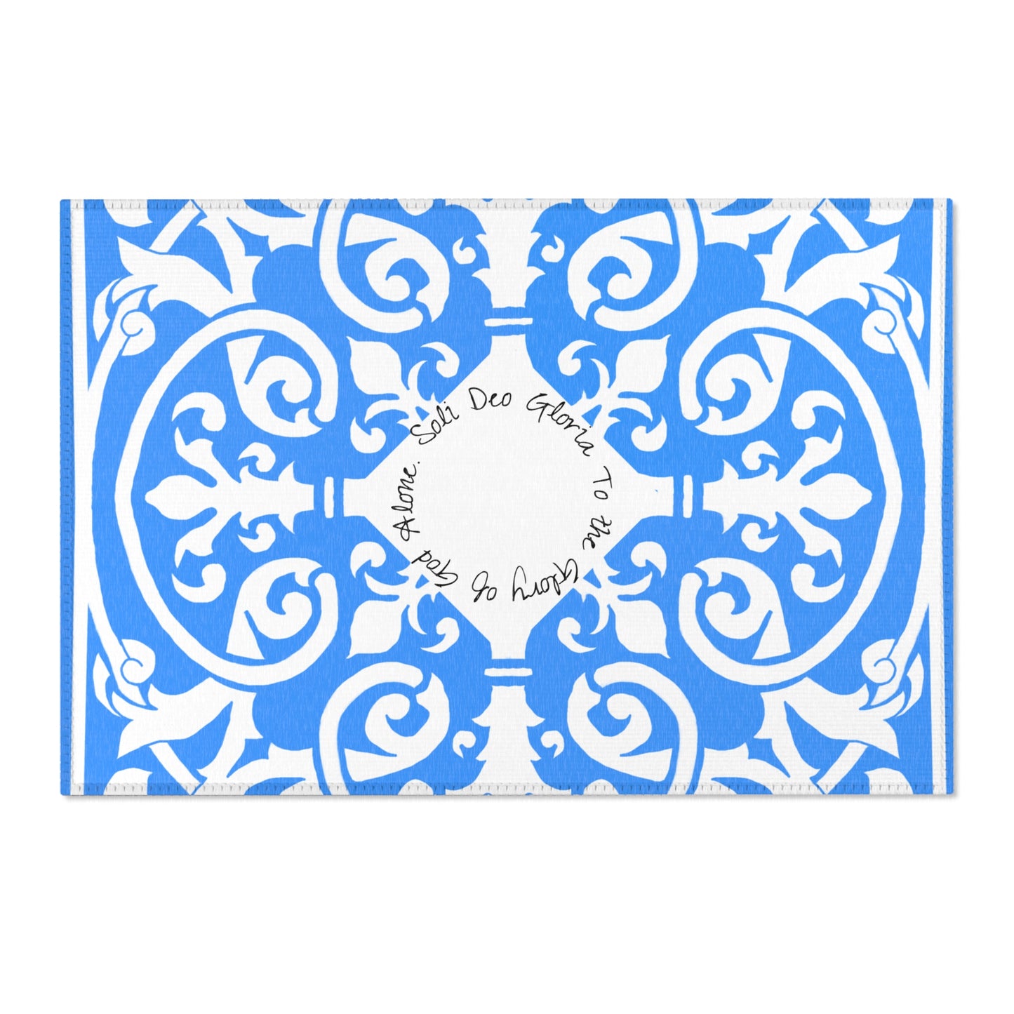 Scrollwork Indoor/Outdoor Rug Blue "Soli Deo Gloria..."