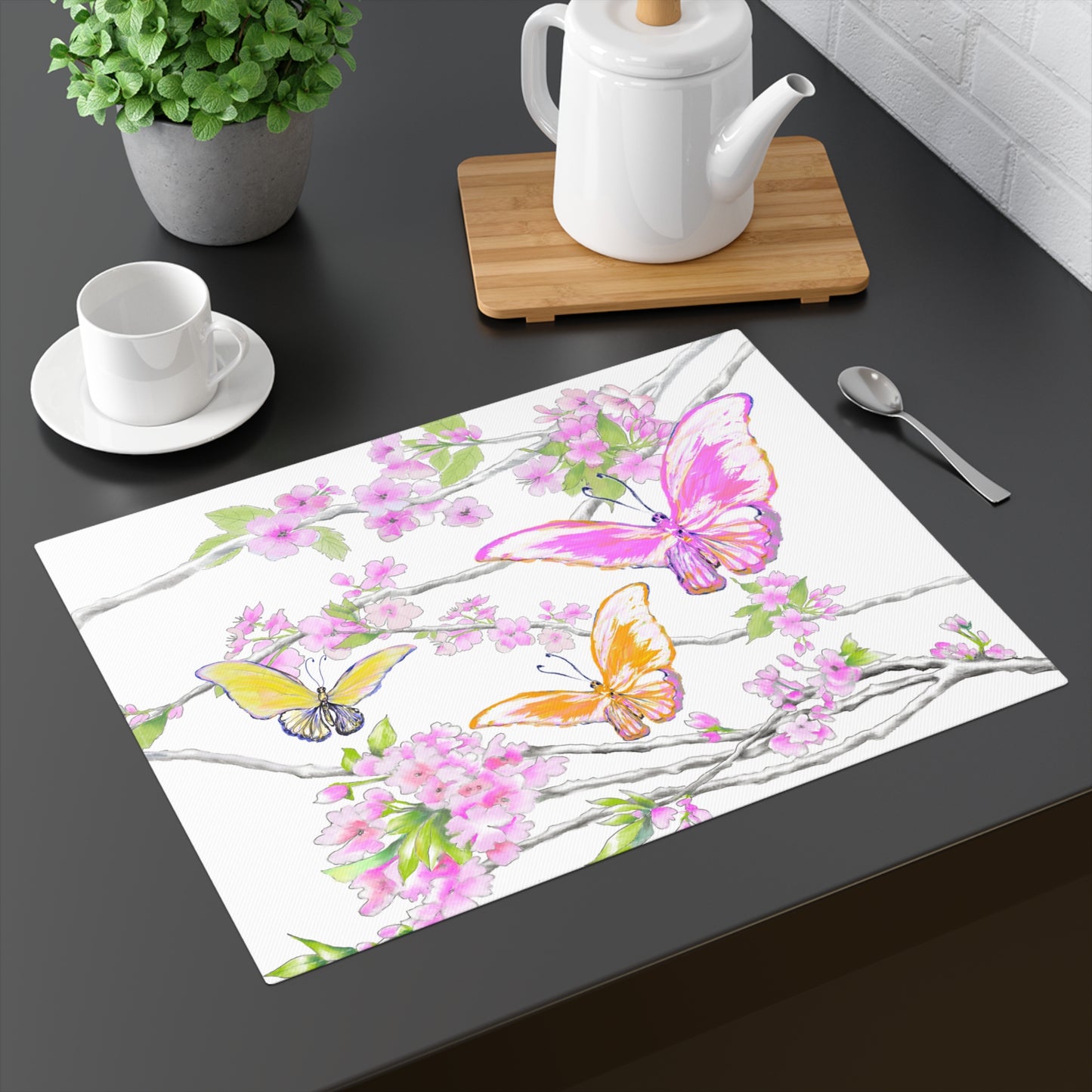 Butterfly Blossom Whirl Cotton Placemat, 1pc Pink, Background Fabric Creamier White #8