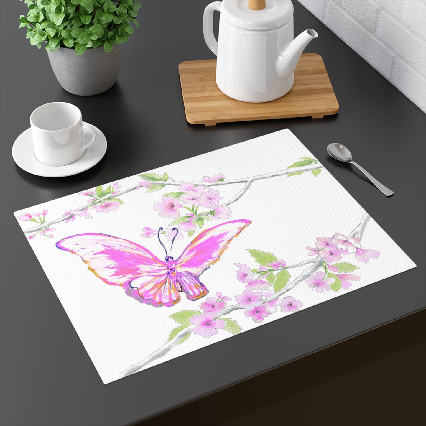 Butterfly Blossom Glide Cotton Twill Placemat, Creamier White 1pc. Pink, # 3