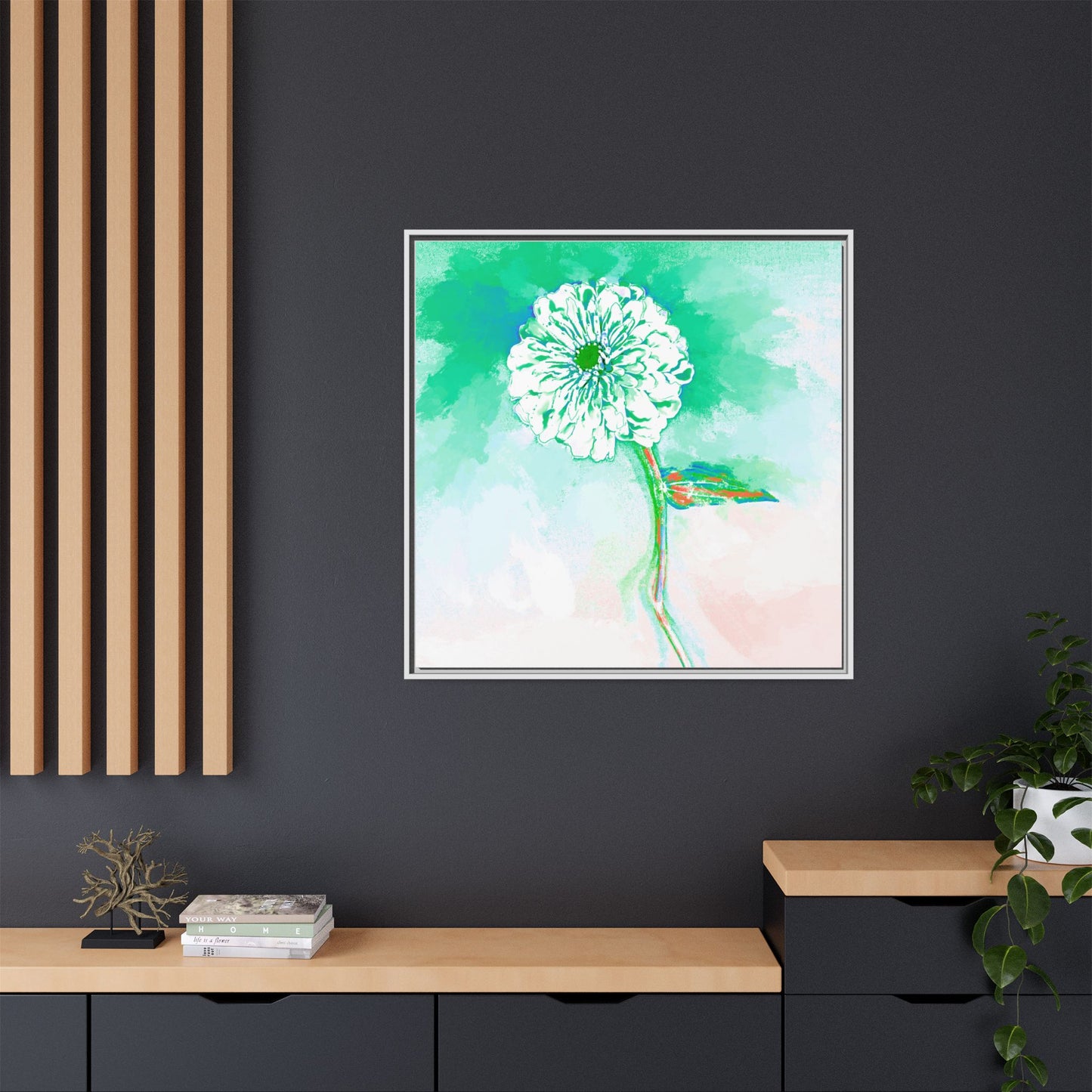 Zinnia Color Splash Matte Canvas Green Framed