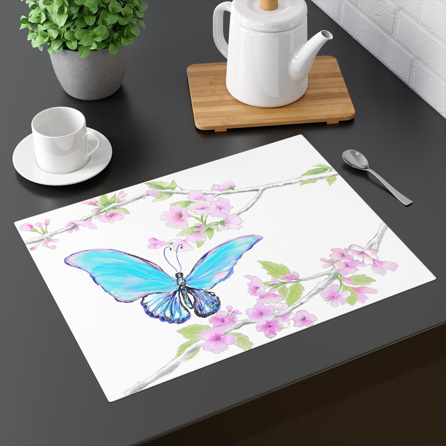 Butterfly Blossom Glide Cotton Twill Placemat, Creamier White, 1pc. Blue, #5
