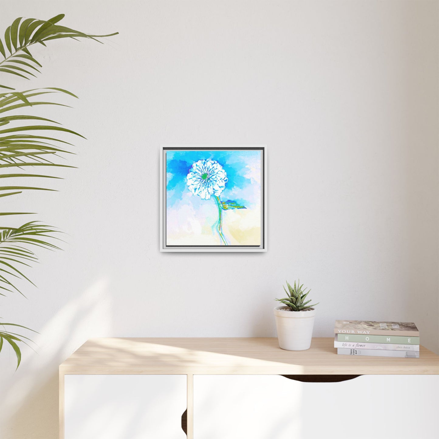 Zinnia Color Splash Matte Canvas Blue Aqua Framed