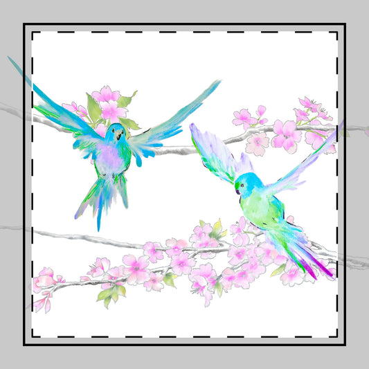 Blossoms & Birds Cotton Twill Napkin Aqua, Background Fabric Creamy White