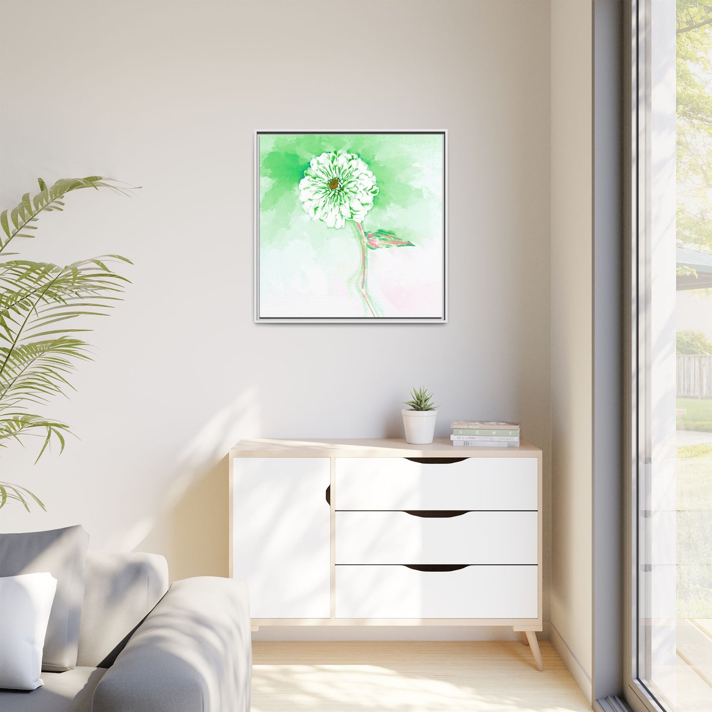 Zinnia Color Splash Matte Canvas Soft Green Framed