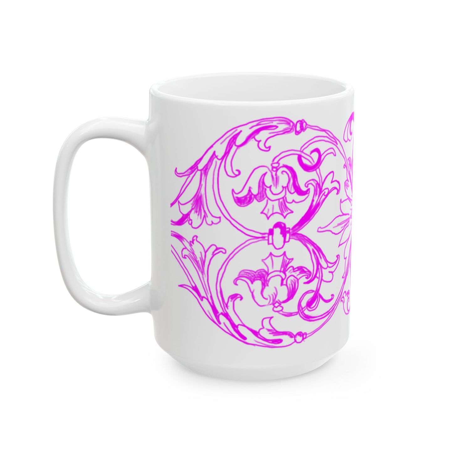 Scrollwork Ceramic Mug Raspberry “Every Flower in…”
