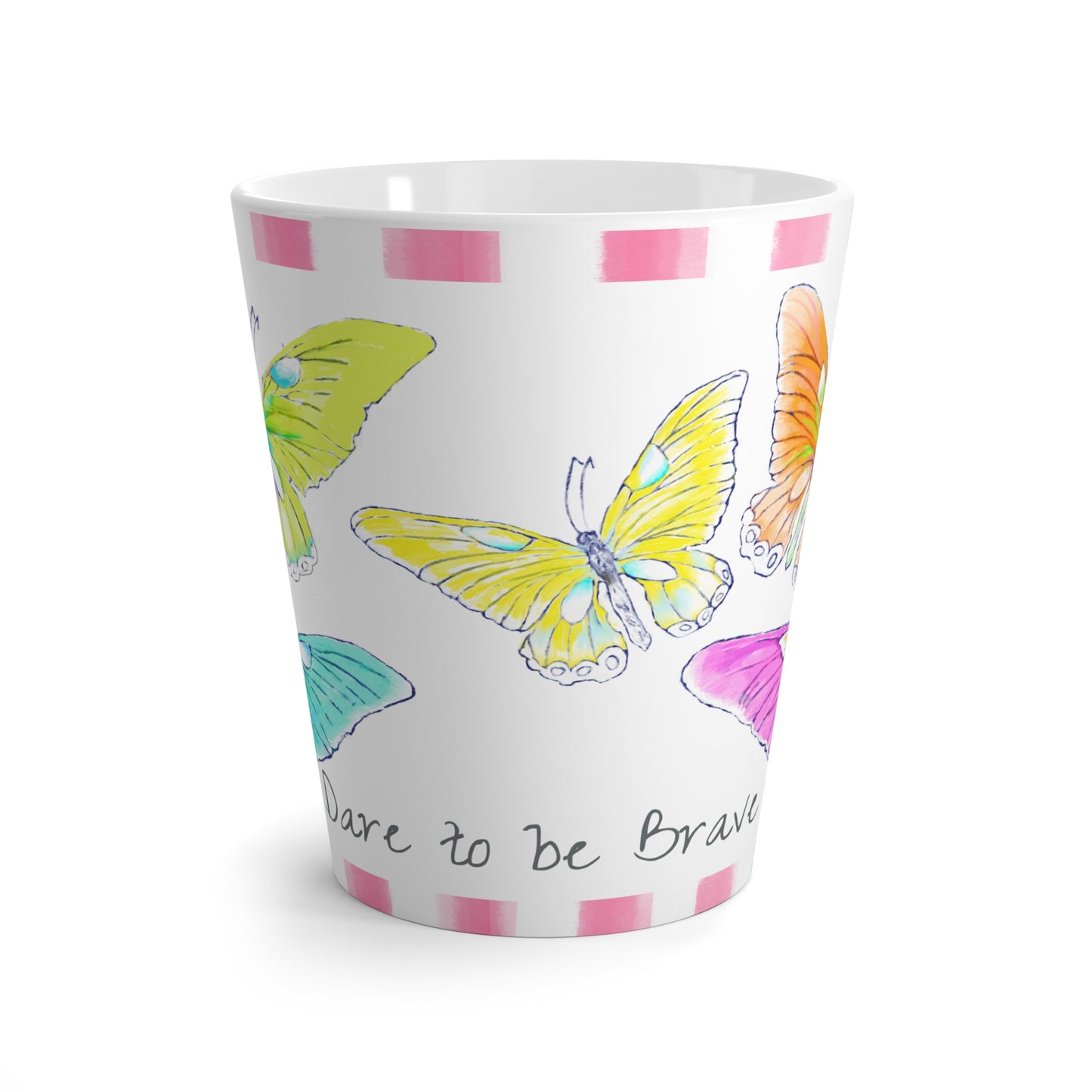Butterfly Swing Latte Mug Aqua, Pink, Orange, Yellow Butterflies, Pink Stripe “Dare to be Brave”