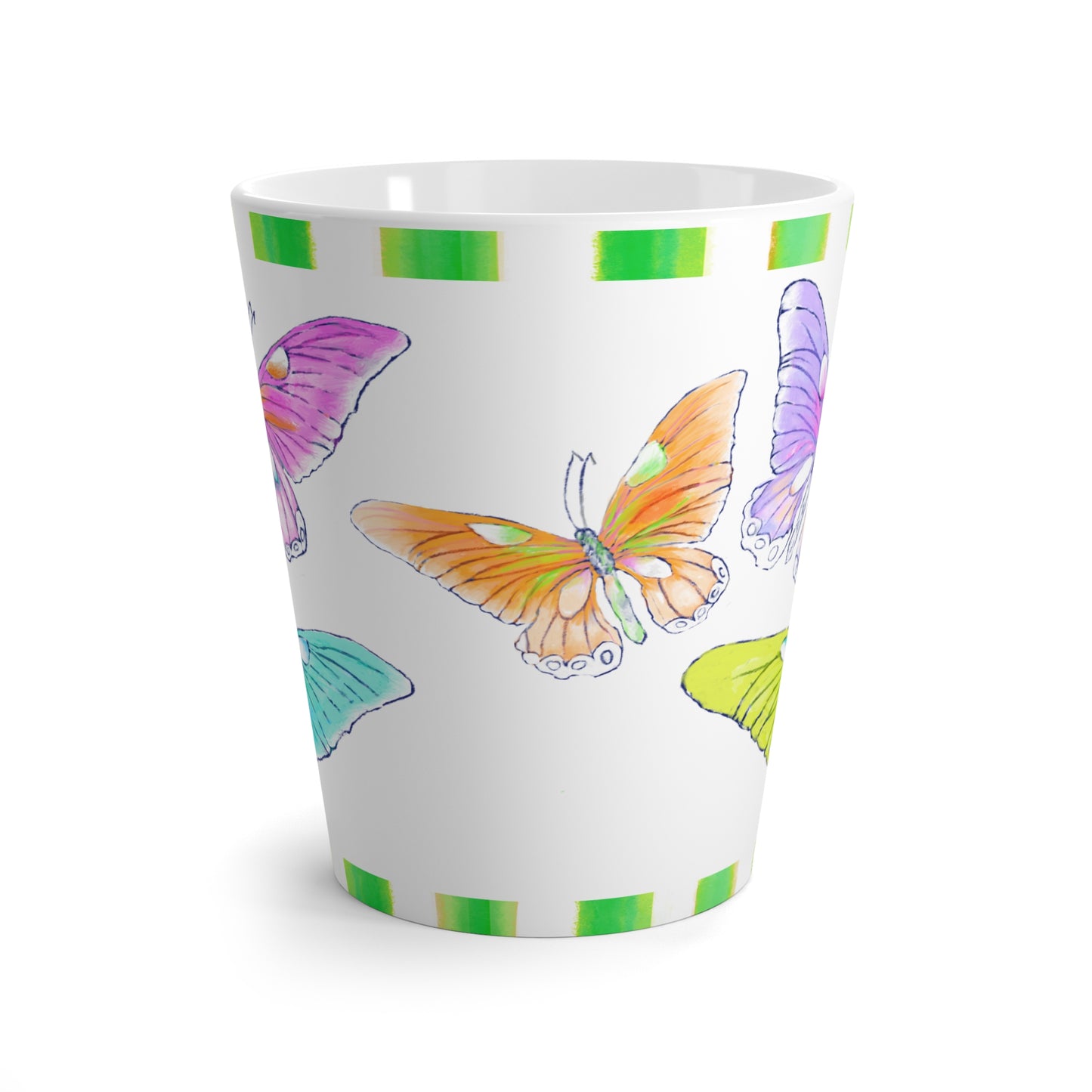 Butterfly Swing Latte Mug, Aqua, Lilac ,Orange, Yellow, Pink Butterflies, Green Stripe