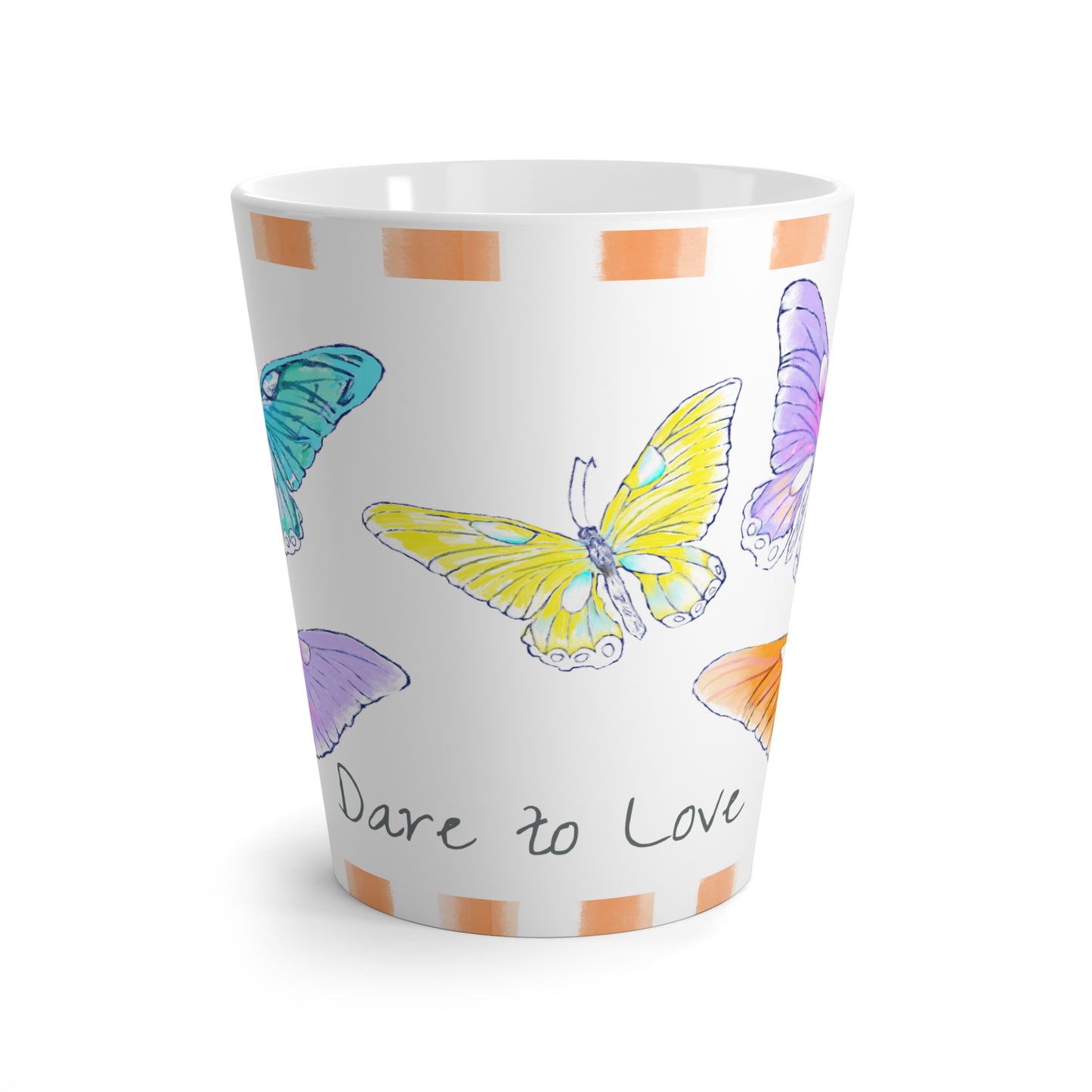 Butterfly Swing Latte Mug Aqua, Lilac, Pink, Orange , yellow Butterflies, Orange Stripe “Dare to Love”