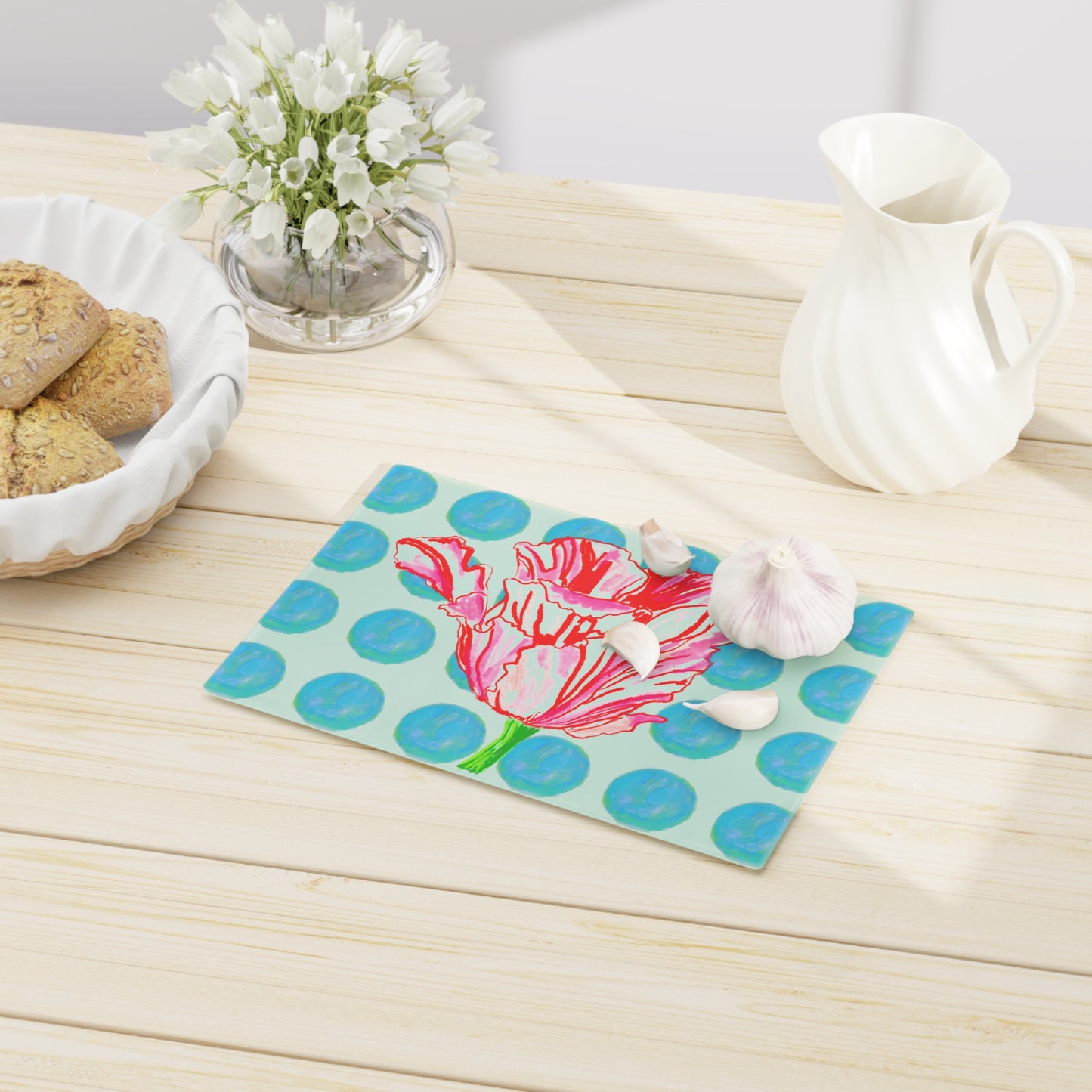 Dancing Tulips Cutting Board, Aqua Polka Dots