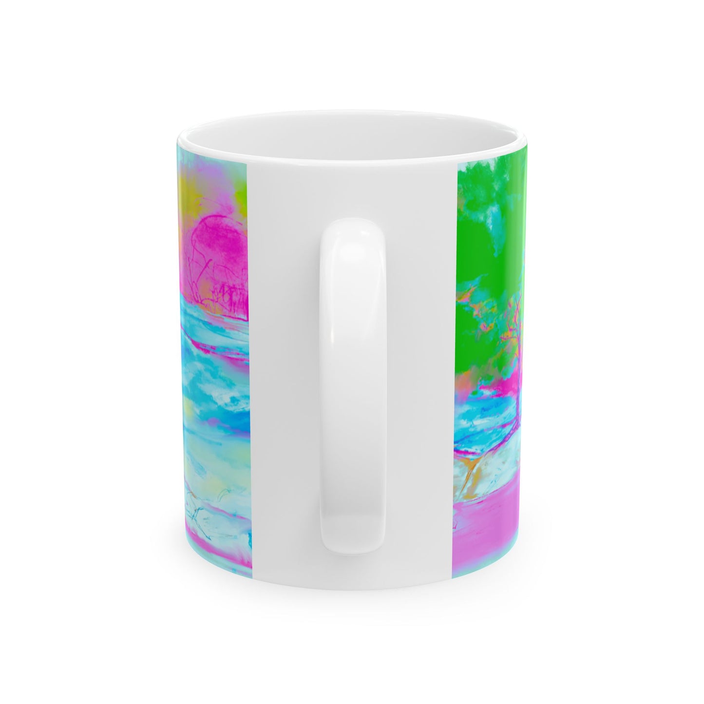 Inspirational Landscapes Ceramic Mug in Green, Blue and Pink , "Every raindrop falls into a life at God's command" 11oz