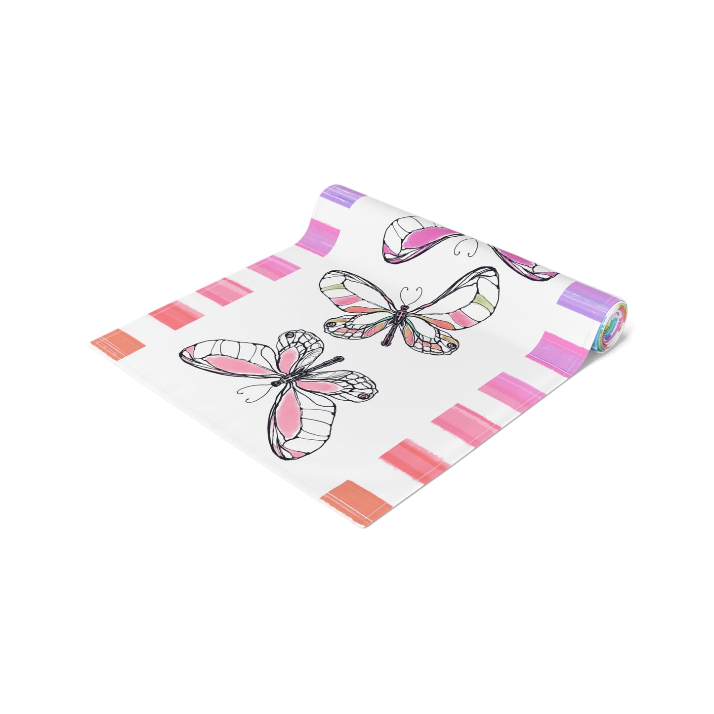 Butterfly Flutterstripe Table Runner in Multi-color with Checked Border 1 size ( 16" Γ 72") available in Cotton "creamier" & Polyester "whiter"