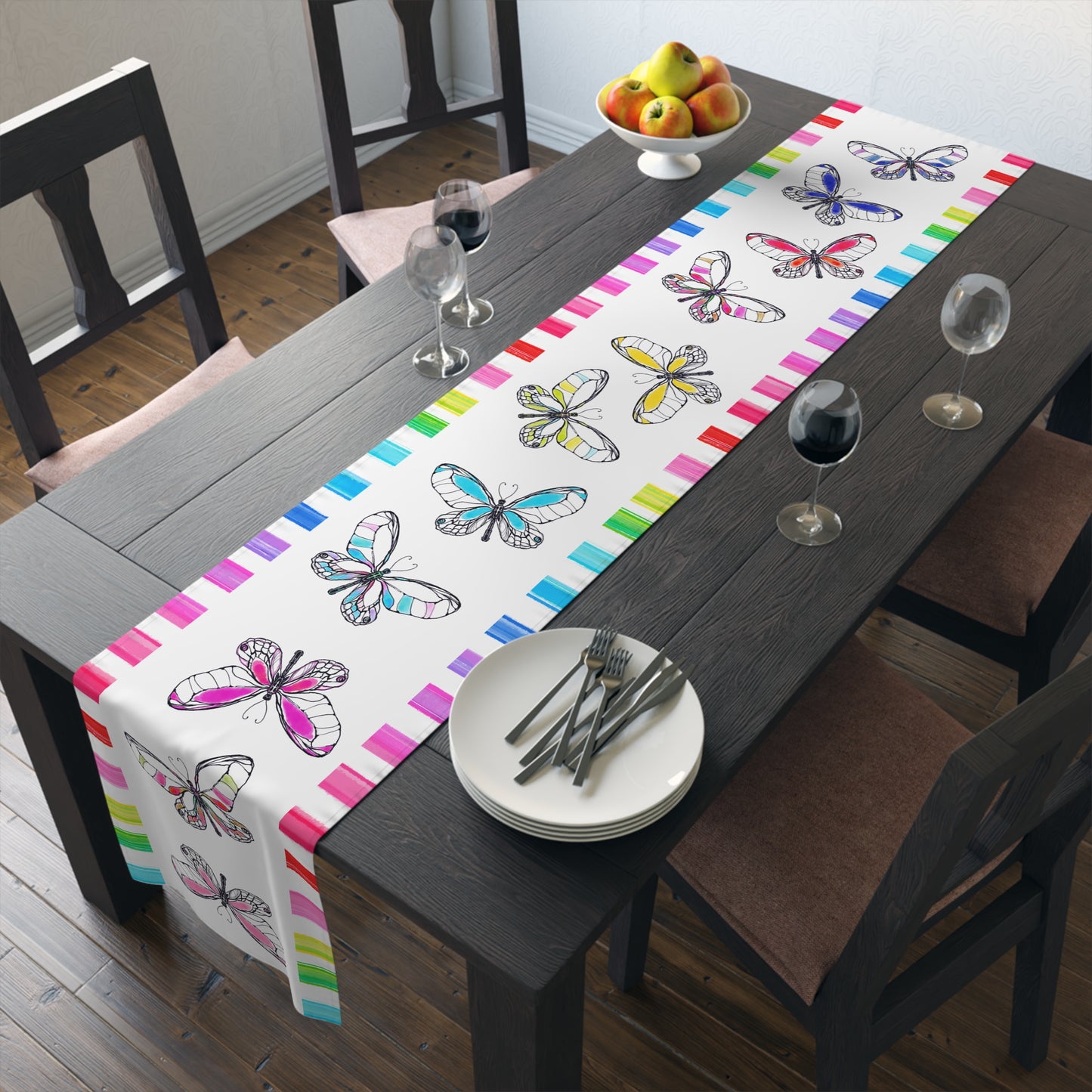Butterfly Flutterstripe Table Runner in Multi-color with Checked Border 1 size ( 16" Γ 90") (available in Cotton " creamier" & Polyester "whiter"