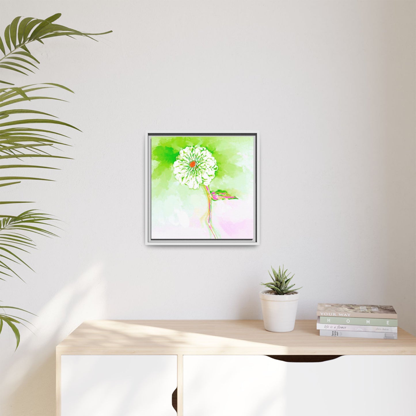 Zinnia Color Splash Matte Canvas Yellow Green Framed