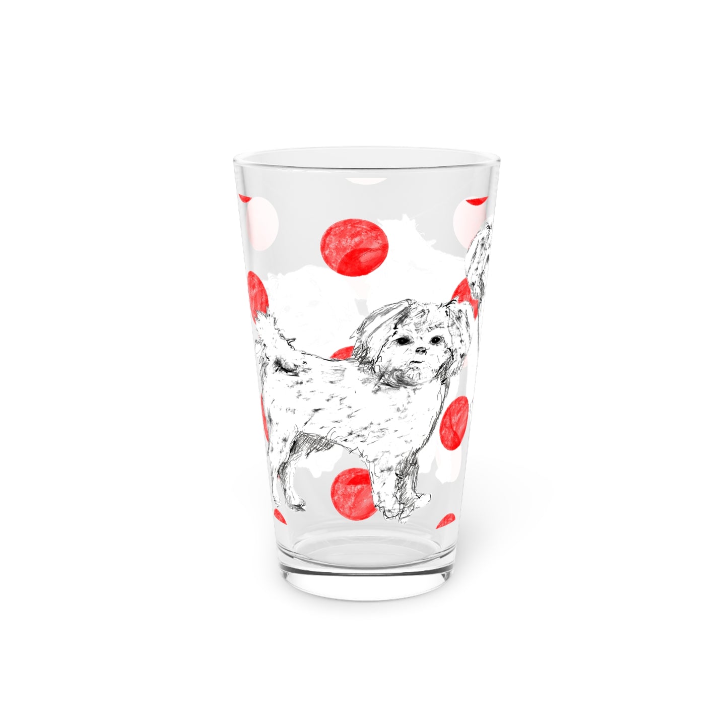 Dogi Fun and Polka Dots Pint Glass in Red, Shih Tzu, 16oz