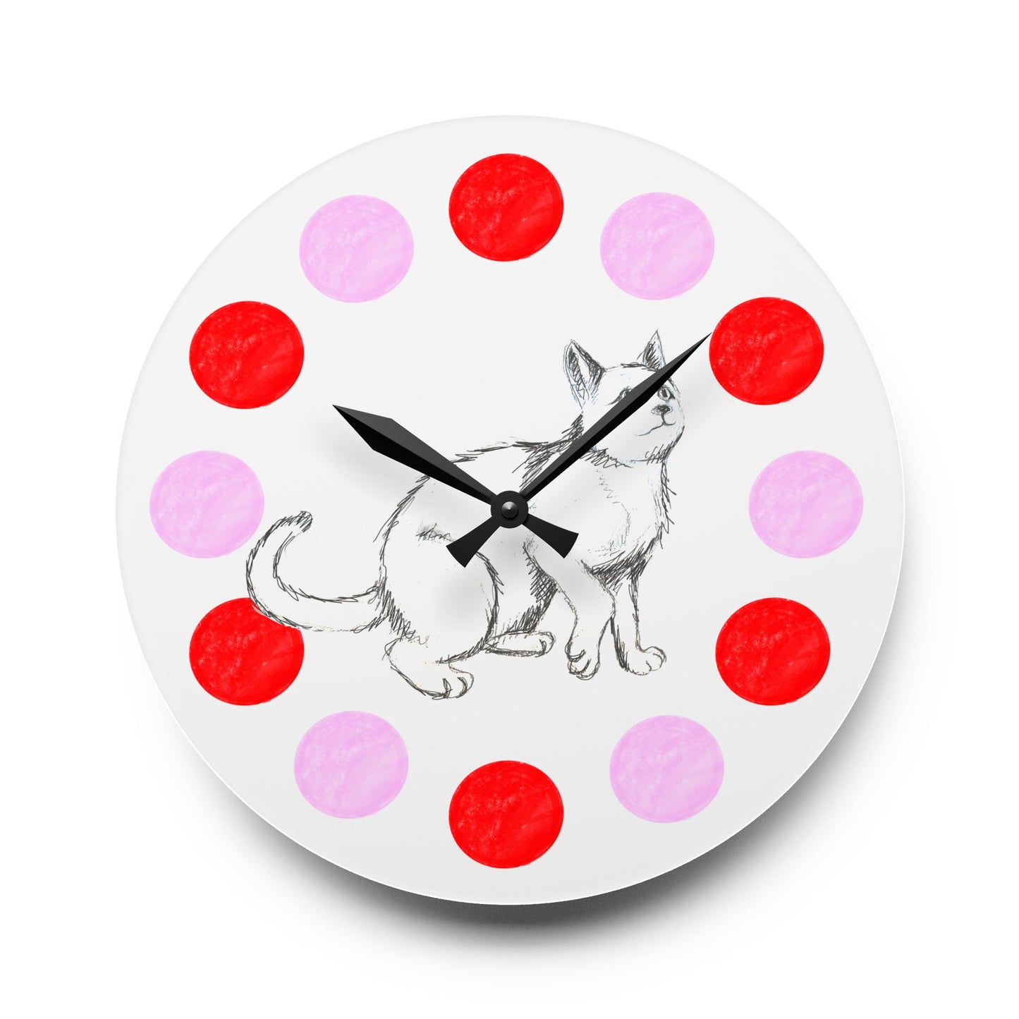 Kitty Fun, Acrylic Wall Clock, Pink and Red polka dots
