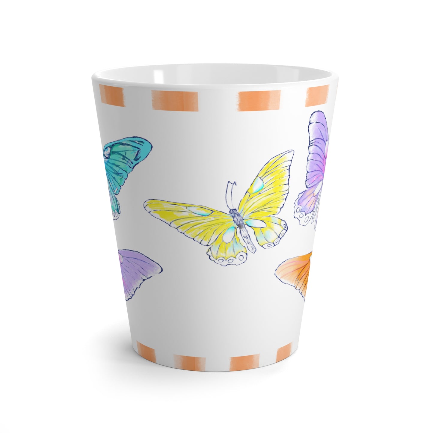 Butterfly Swing Latte Mug Aqua, Lilac, Pink, Orange , yellow Butterflies, Orange Stripe