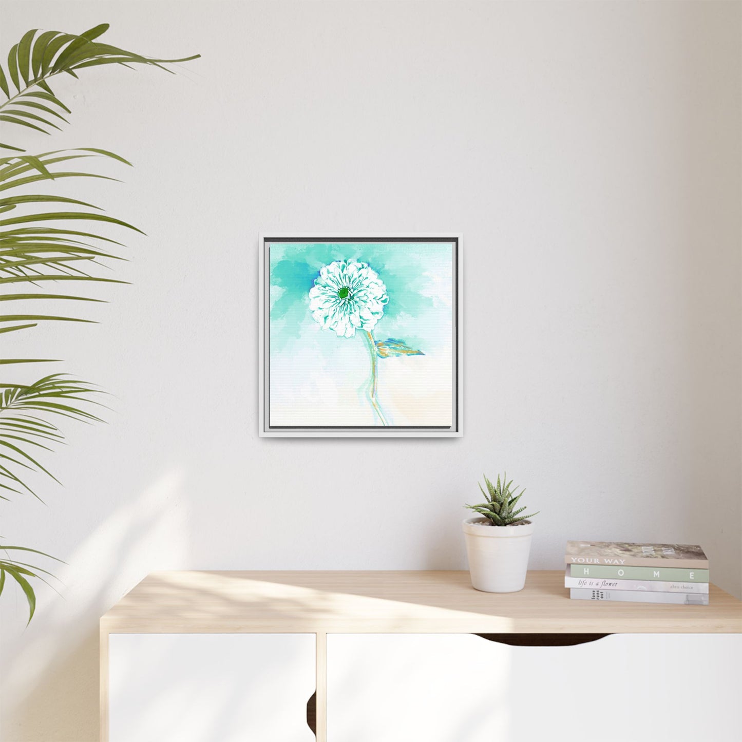 Zinnia Color Splash Matte Canvas Green Aqua Framed